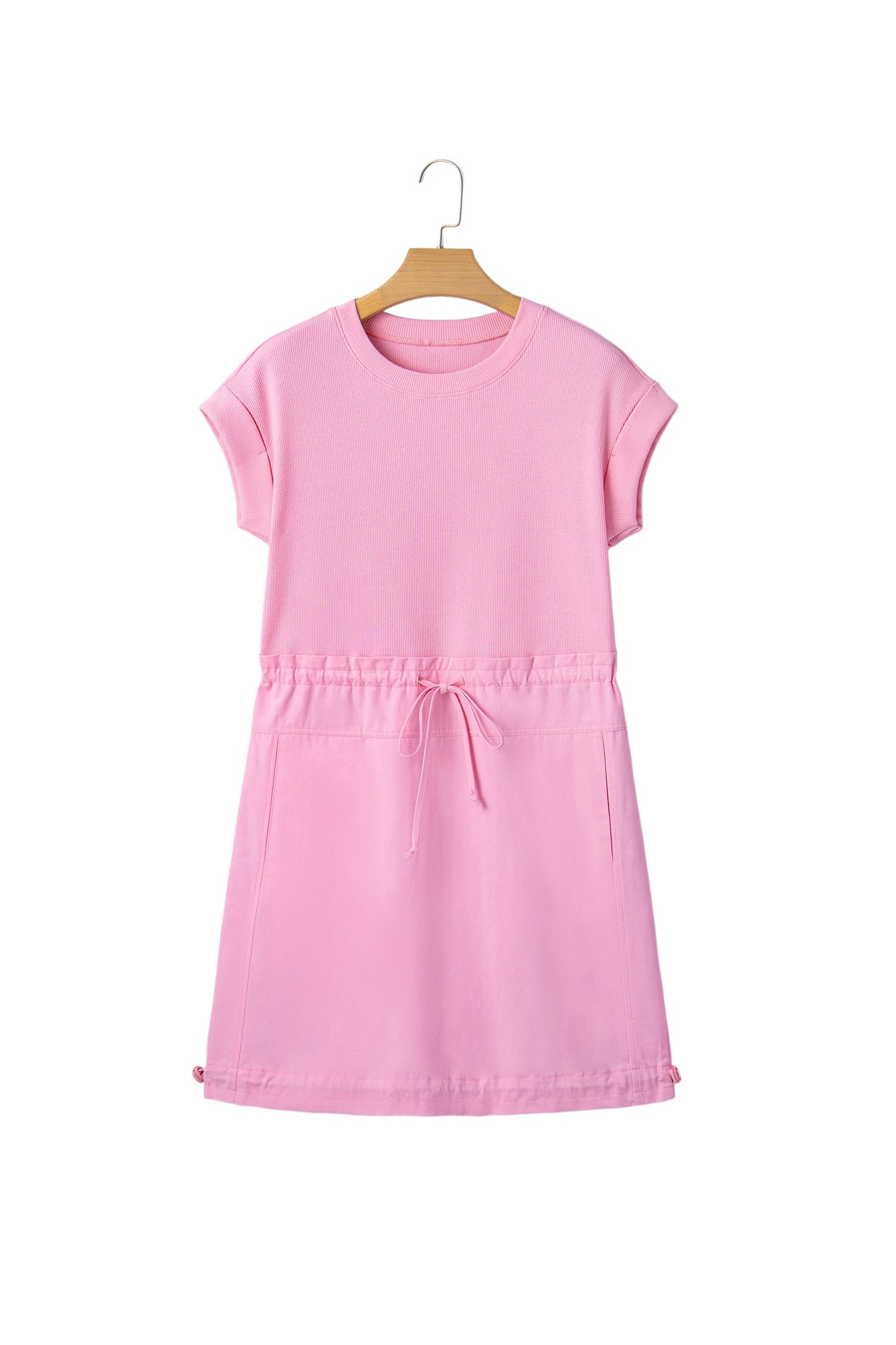 Solid Ribbed Knit Patchwork Drawstring Mini Dress