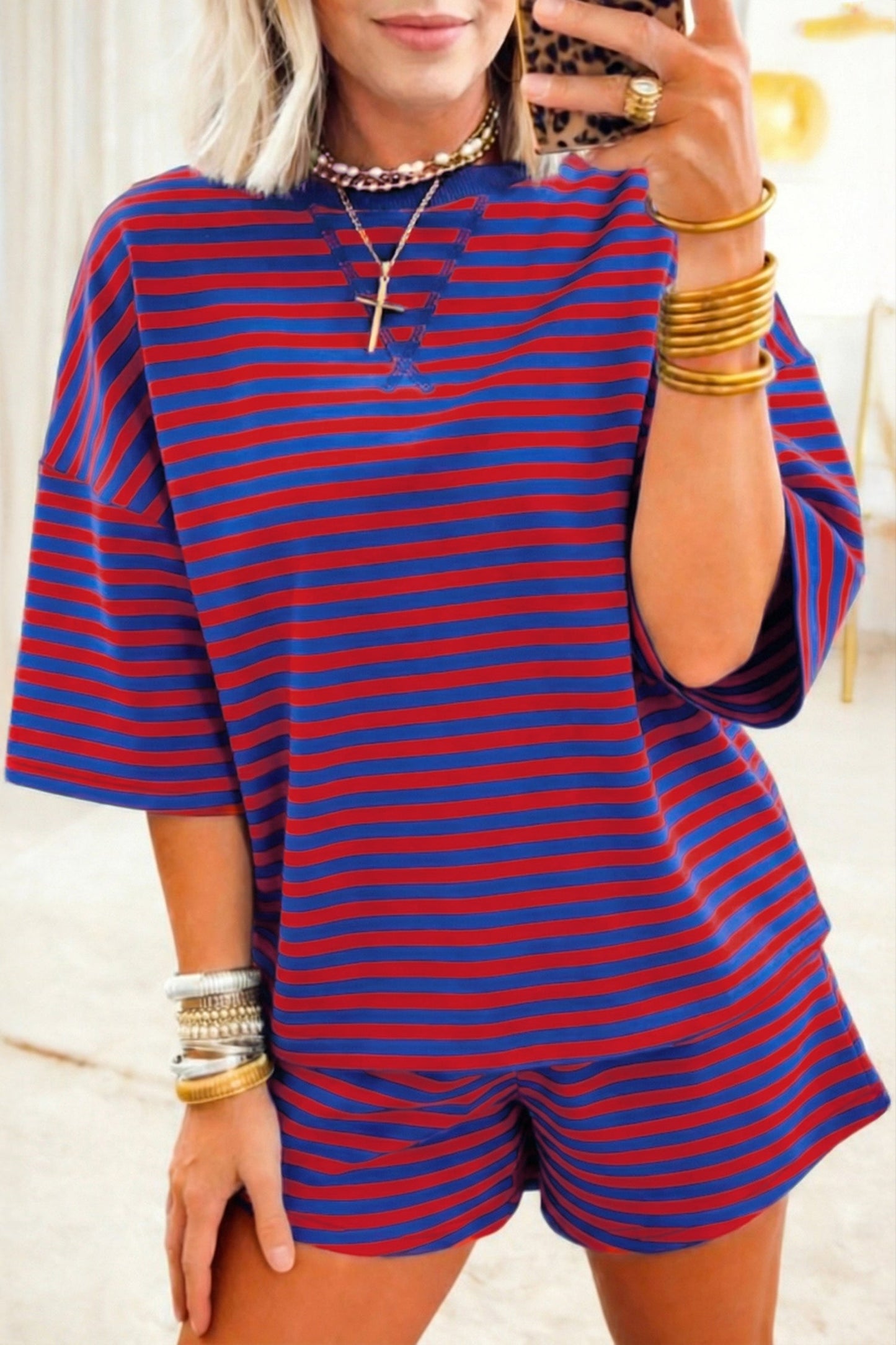 Stripe Short Sleeve Top & High Waist Short Set