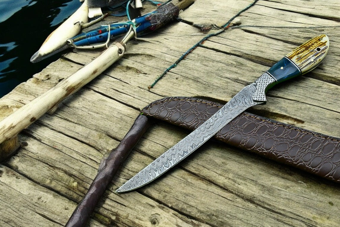 Custom Handmade Damascus Fillet Knife – 12.5” with Leather Sheath