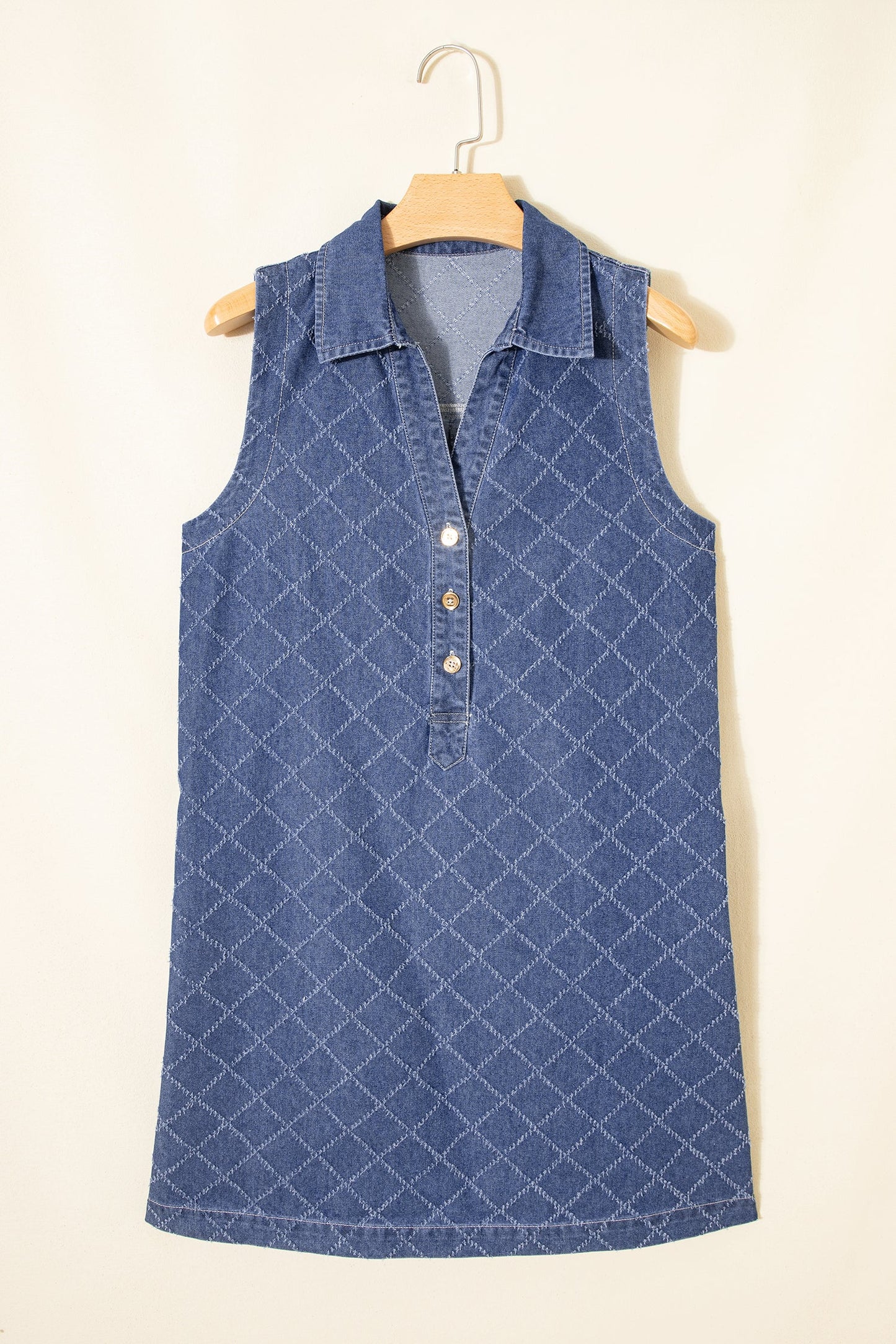 Denim Textured Collared V-Neck Sleeveless Mini Dress
