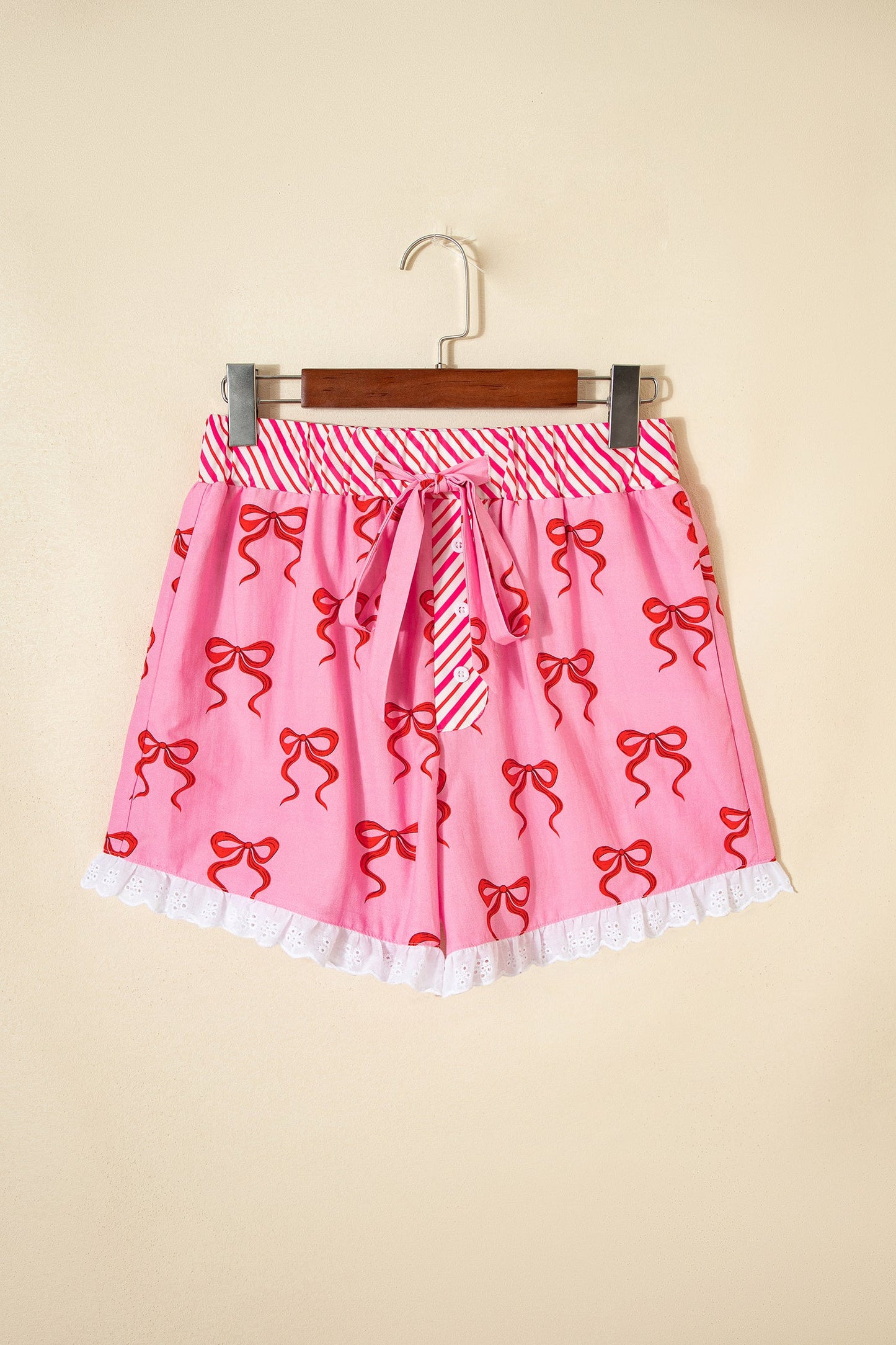 Bow Stripe Patchwork Elastic Waist Lace Trim Shorts