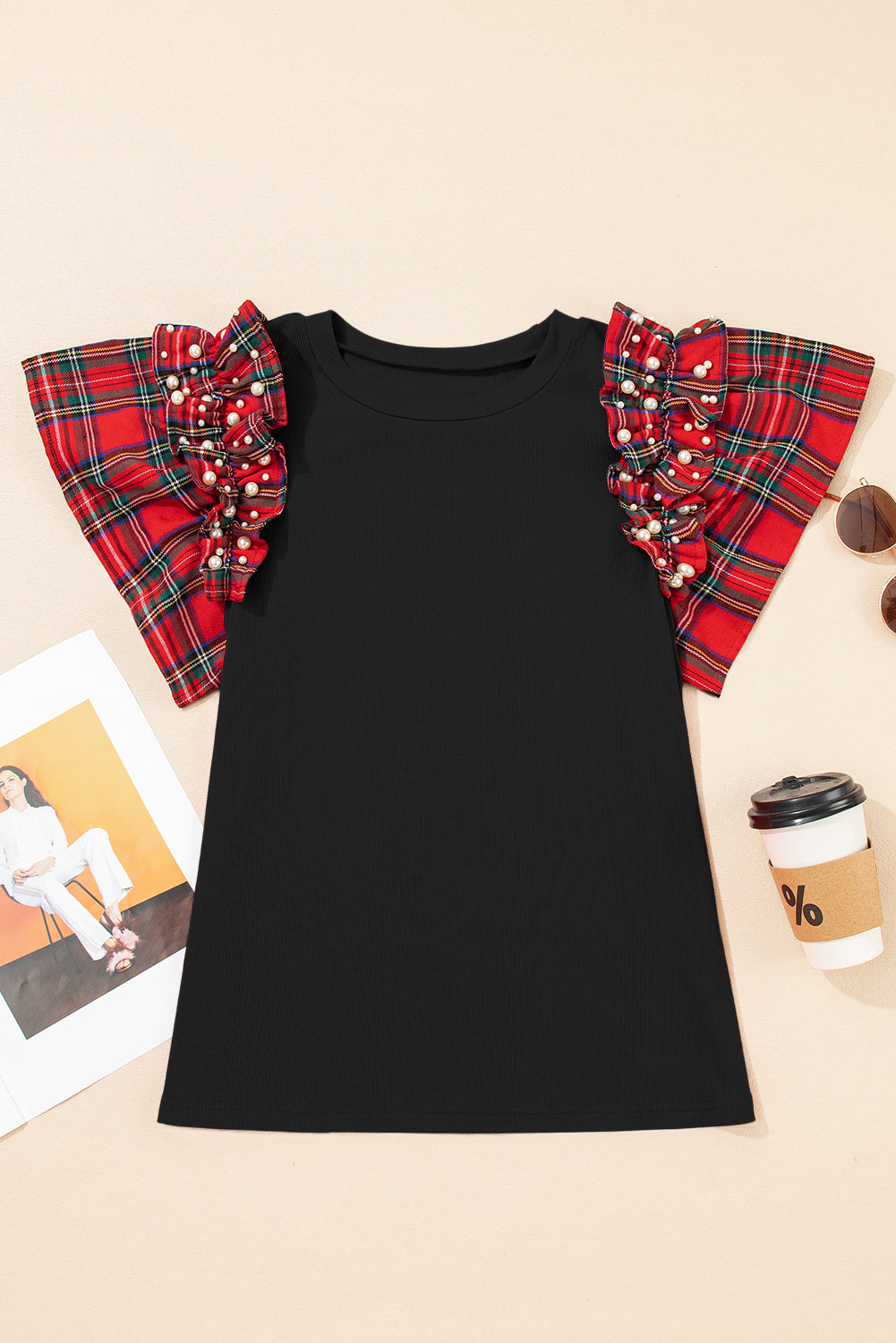 Plaid Patchwork Pearl Ruffle Sleeve T-Shirt