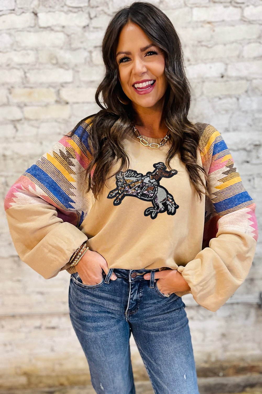 Beige Rodeo Sequins Patch Graphic Fashion Sweatshirt