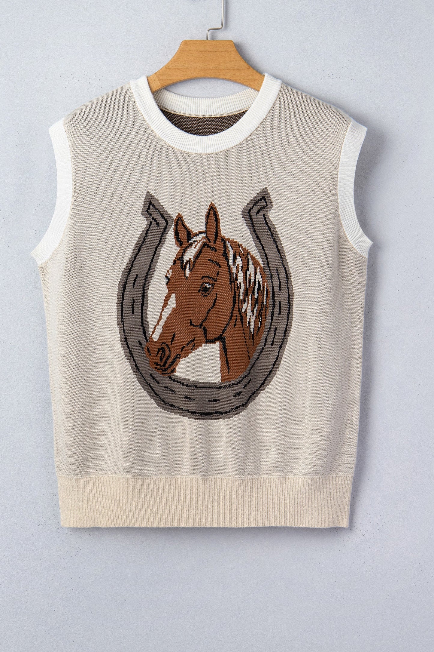 Western Horseshoe Colorblock Trim Sleeveless Sweater