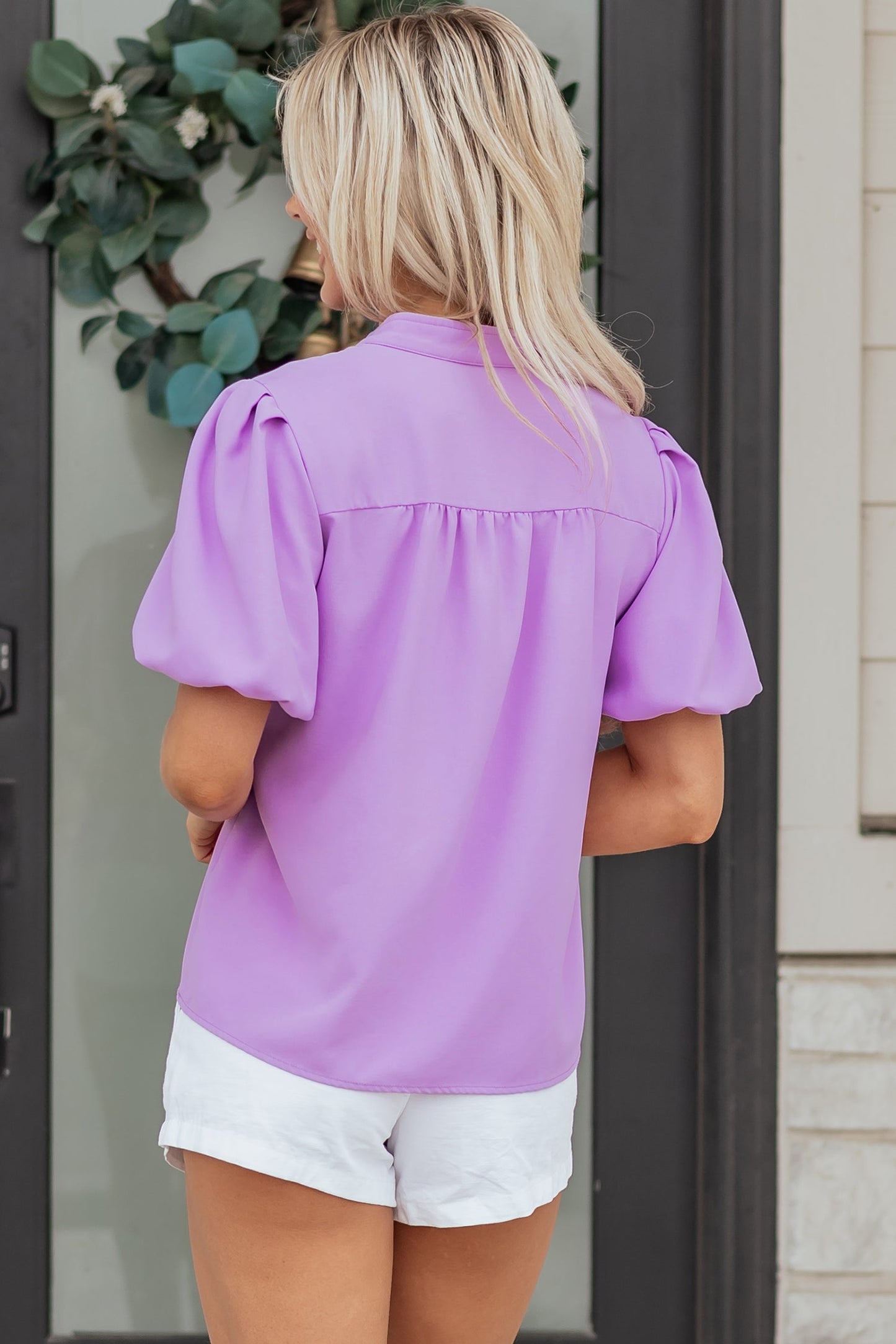 Solid Puff Sleeve Notched V-Neck Blouse