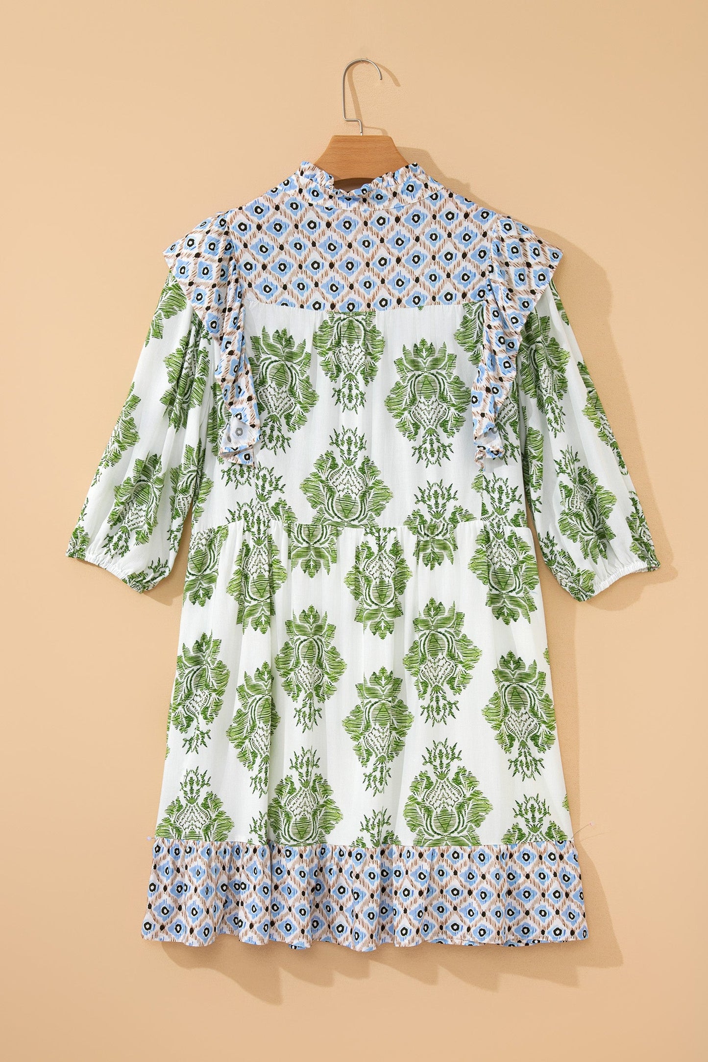 Floral Patchwork Ruffle 3/4 Sleeve Mini Dress