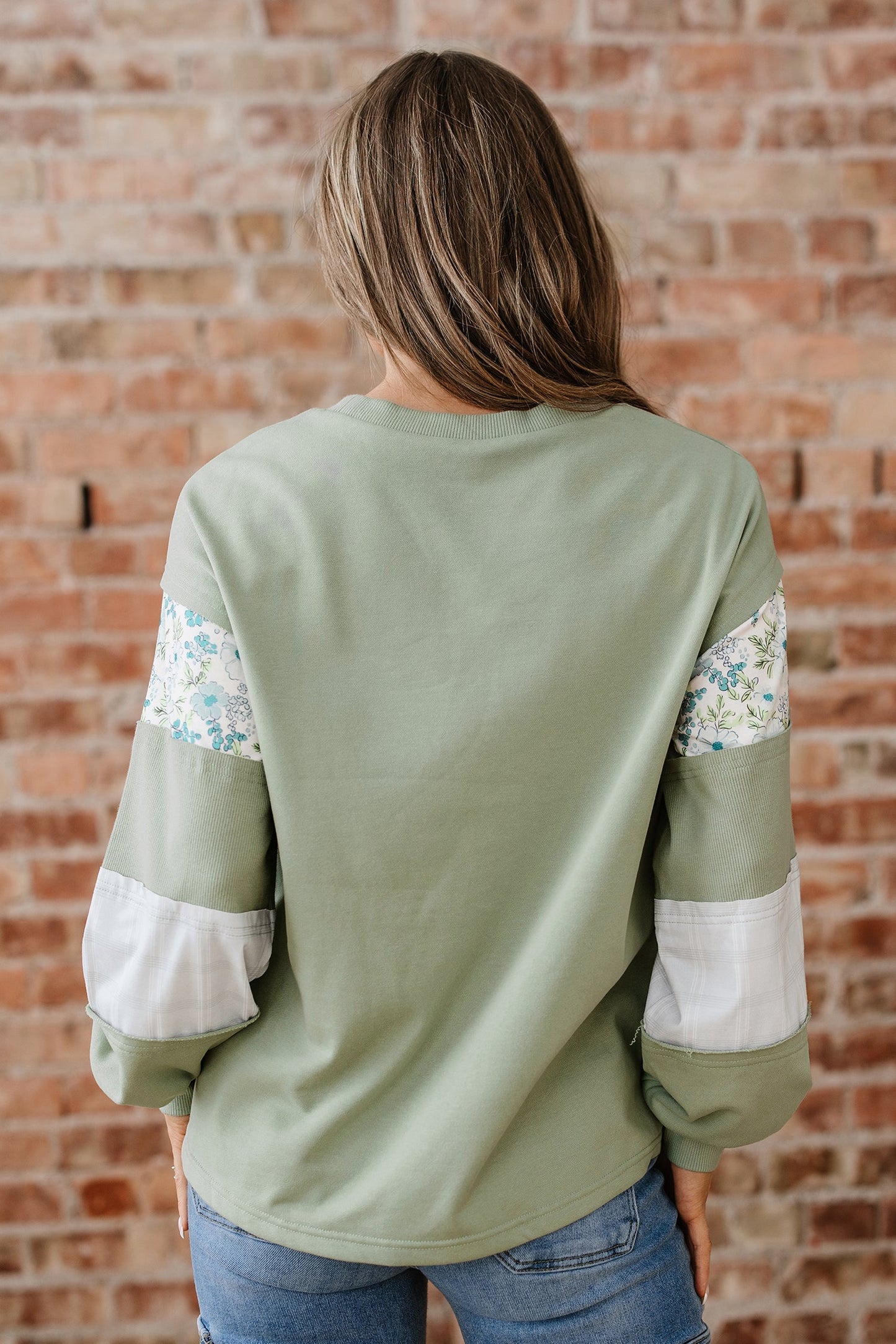 Floral Plaid Patchwork Sleeve French Terry Top