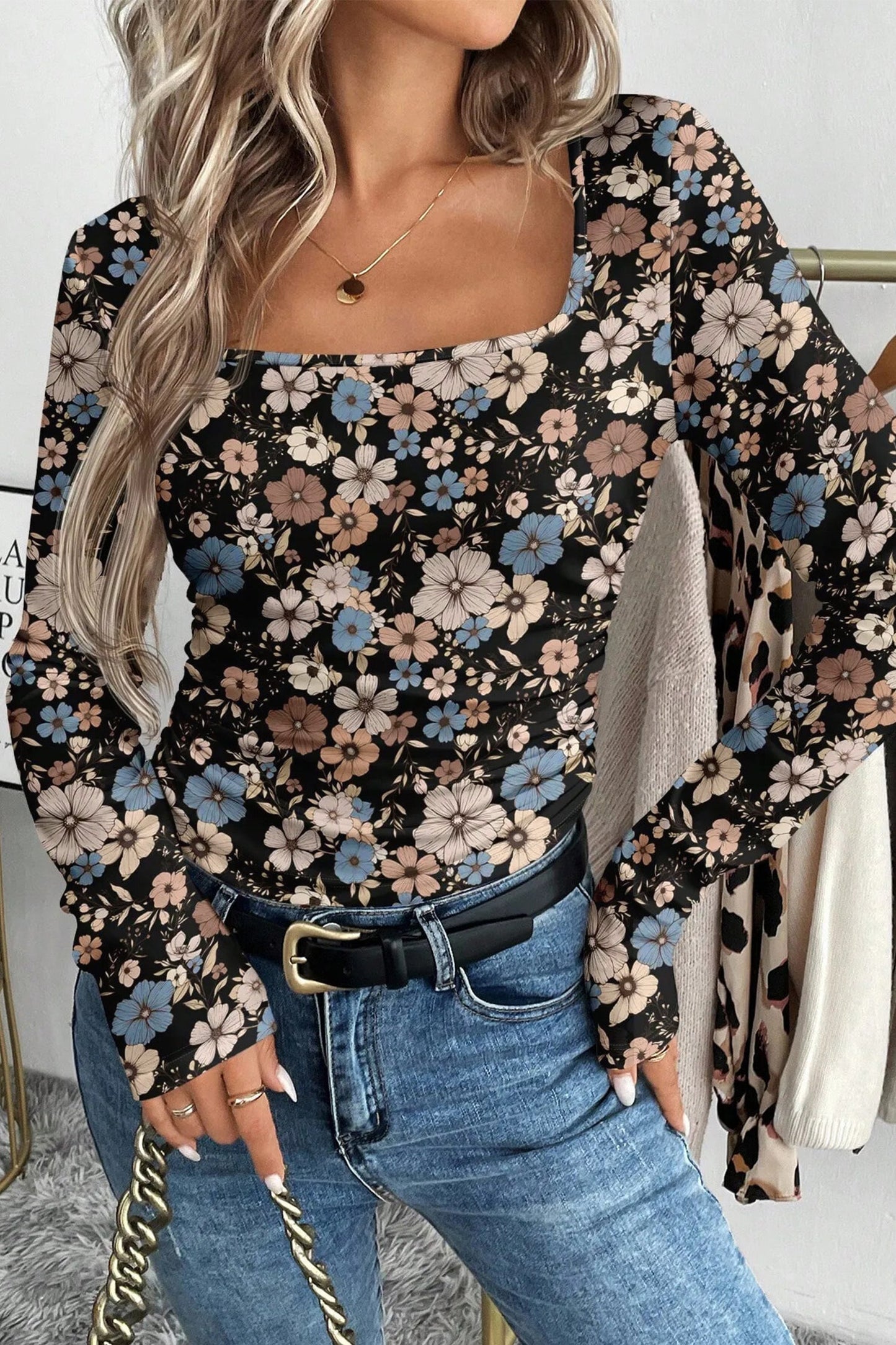 Leopard & Floral Square Neck Long Sleeve T-Shirt