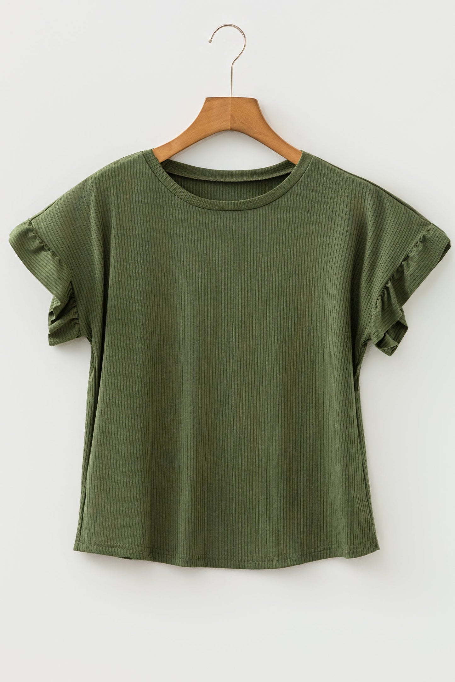 Solid Ribbed Knit Ruffle Short Sleeve T-Shirt
