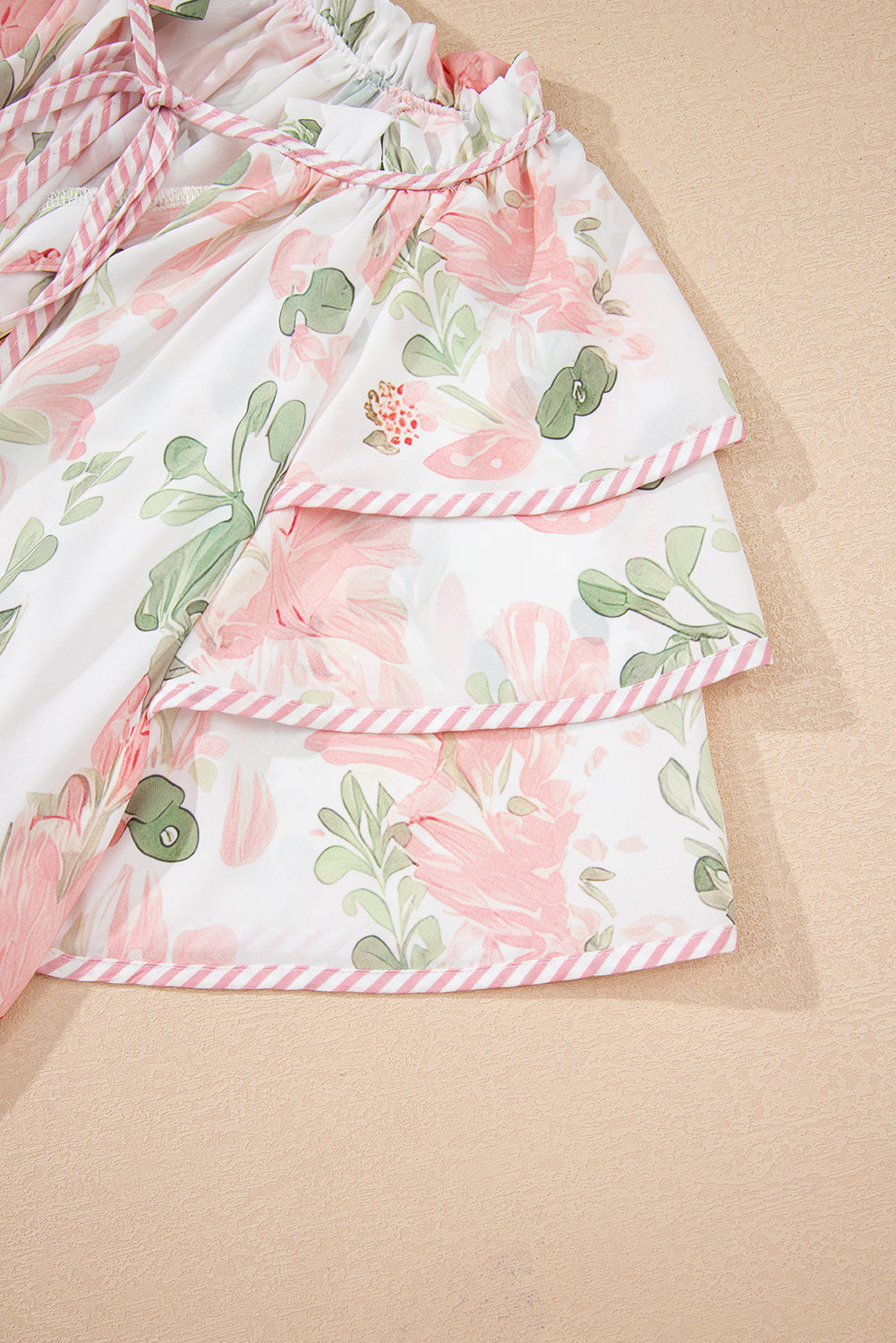 Floral Stripe Tiered Ruffle Sleeve V-Neck Blouse