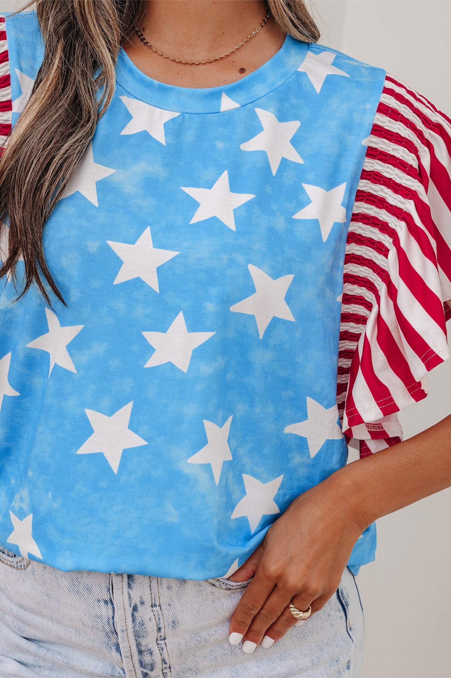 Stars & Stripes Mineral Wash Ruffle Sleeve Top