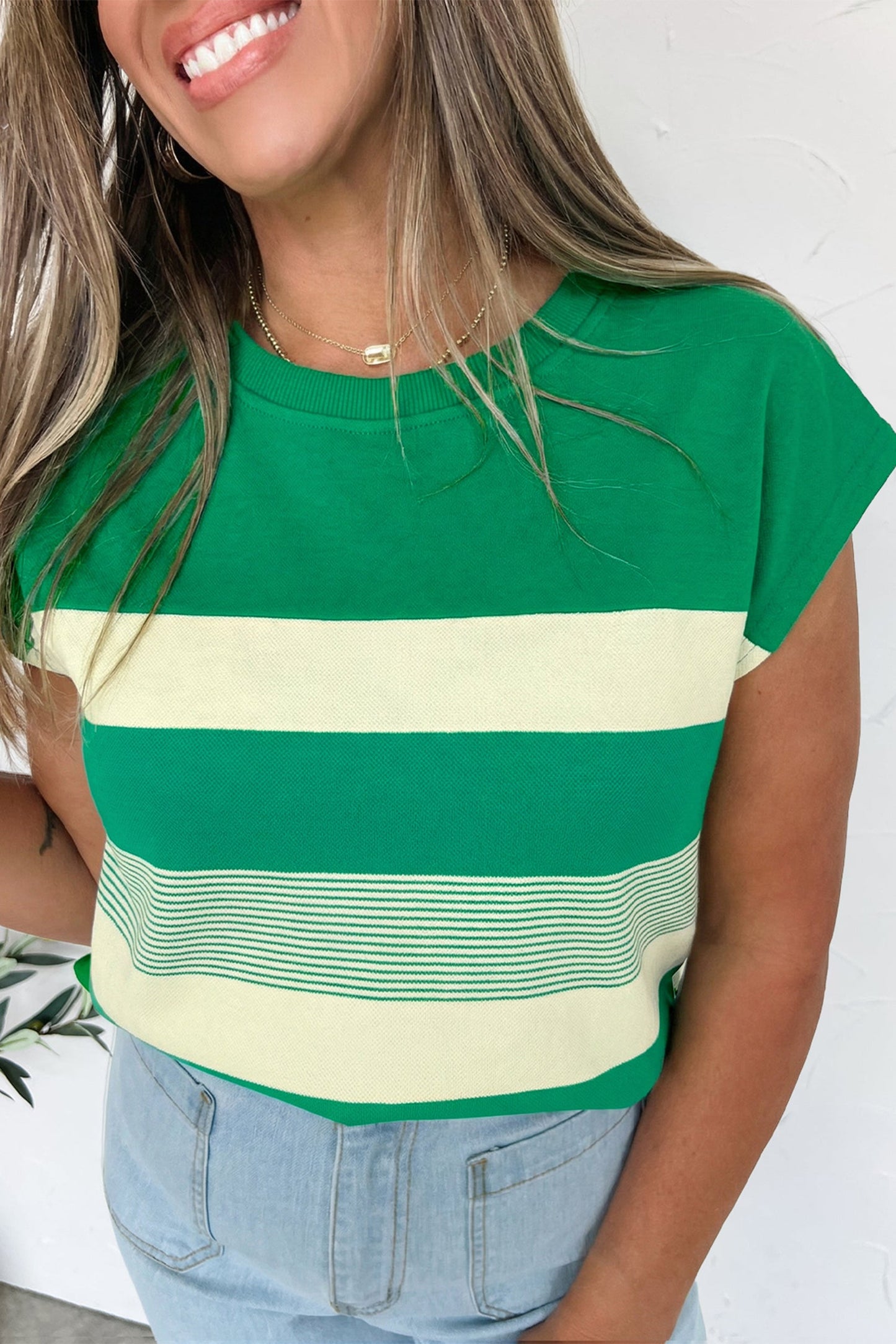 Stripe Mixed Crew Neck Cap Sleeve T-Shirt
