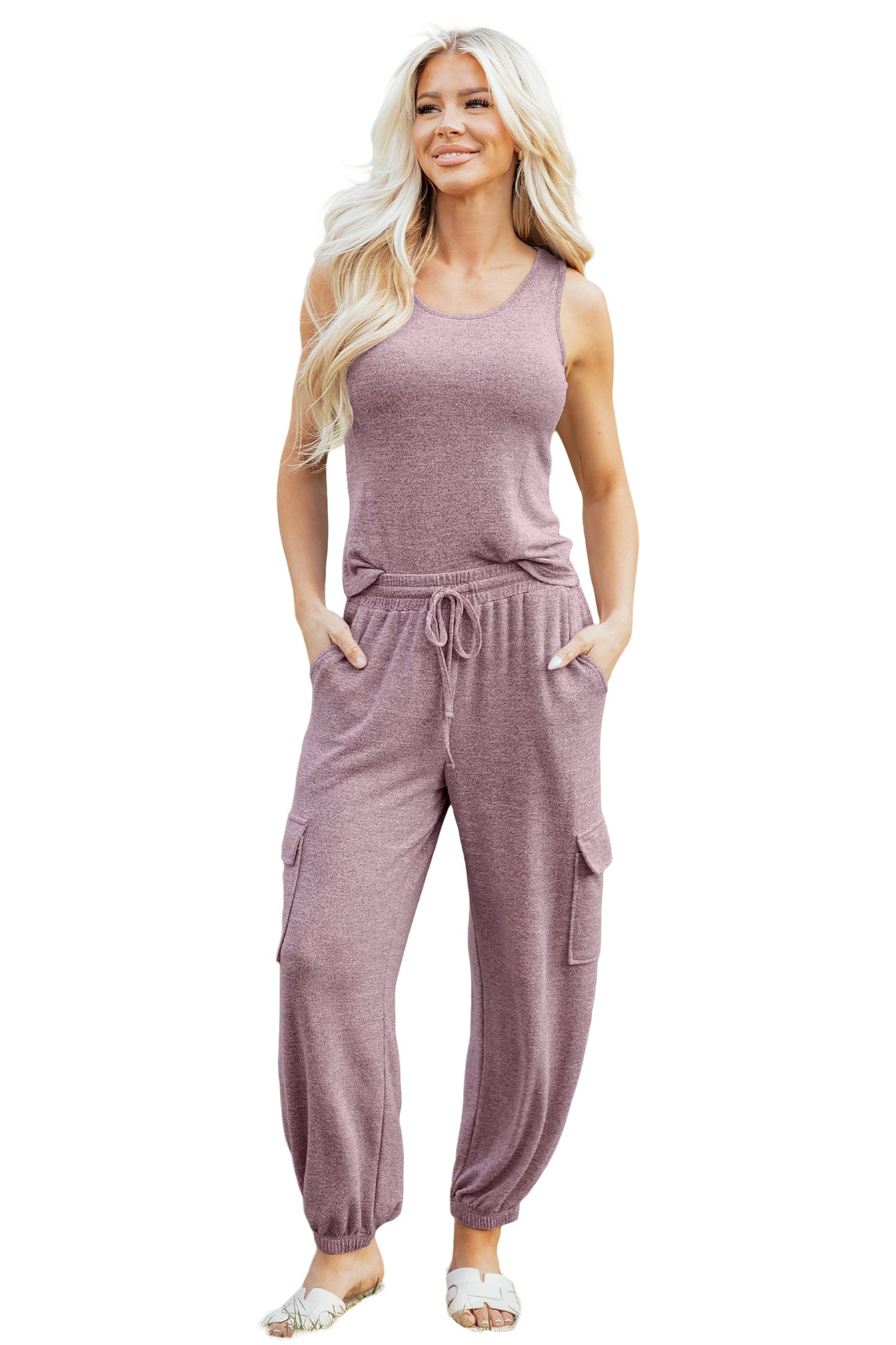 Solid Tank Top & Drawstring Jogger Pants Set