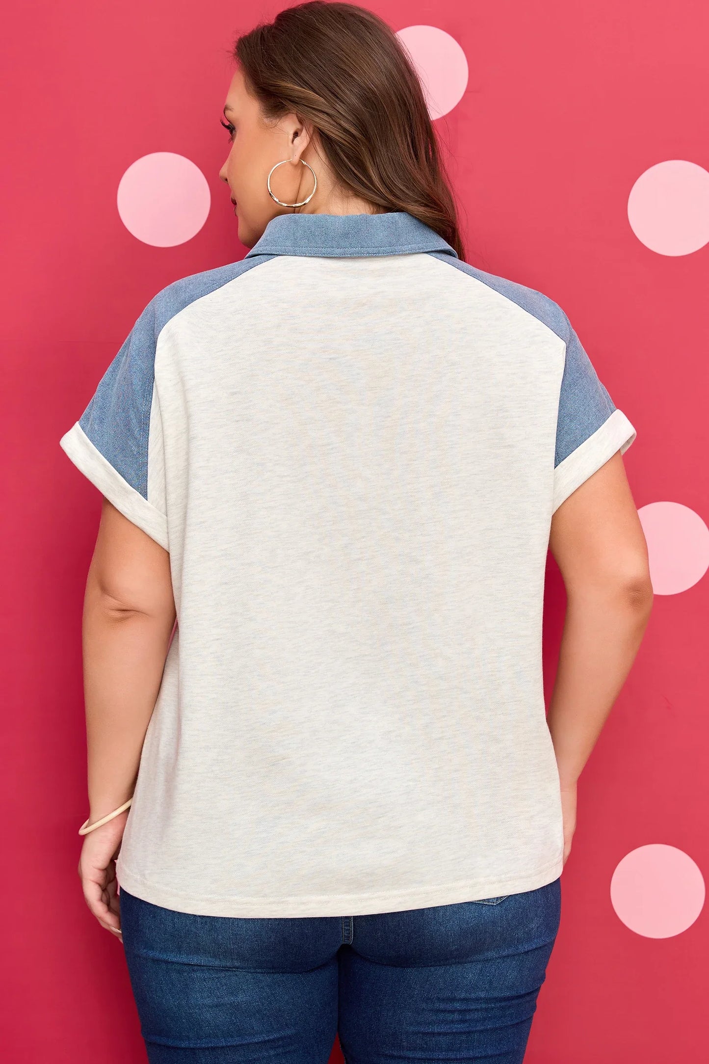 Plus Size Denim Patchwork Cuff Sleeve Polo Tee