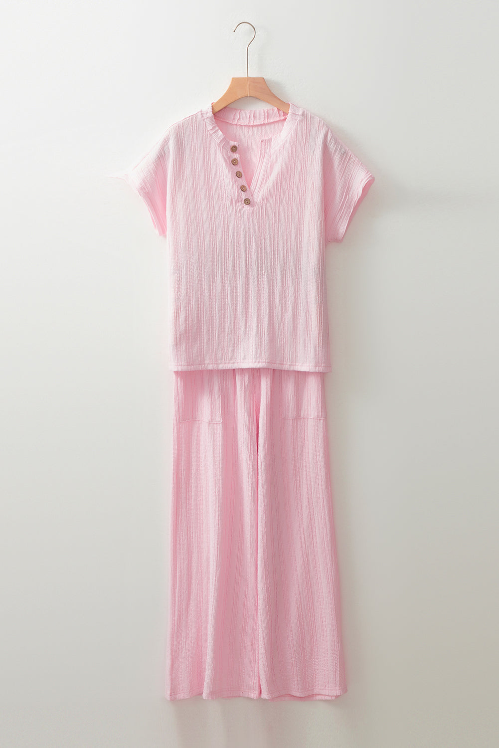 Textured Henley Top & Wide Leg Pants Set