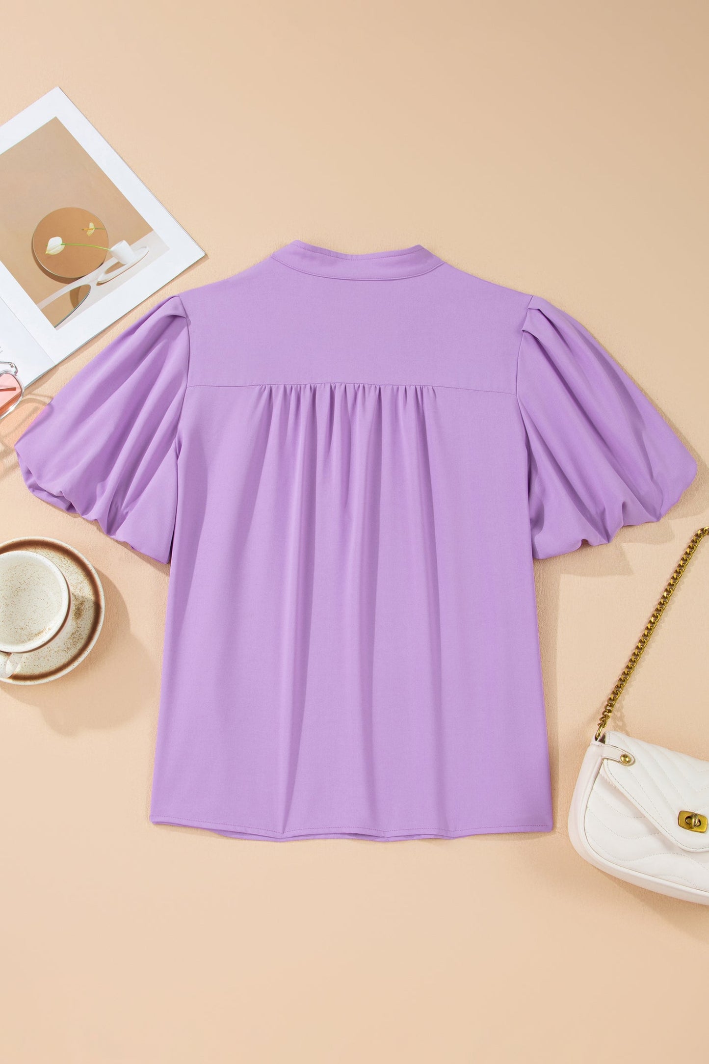 Solid Puff Sleeve Notched V-Neck Blouse