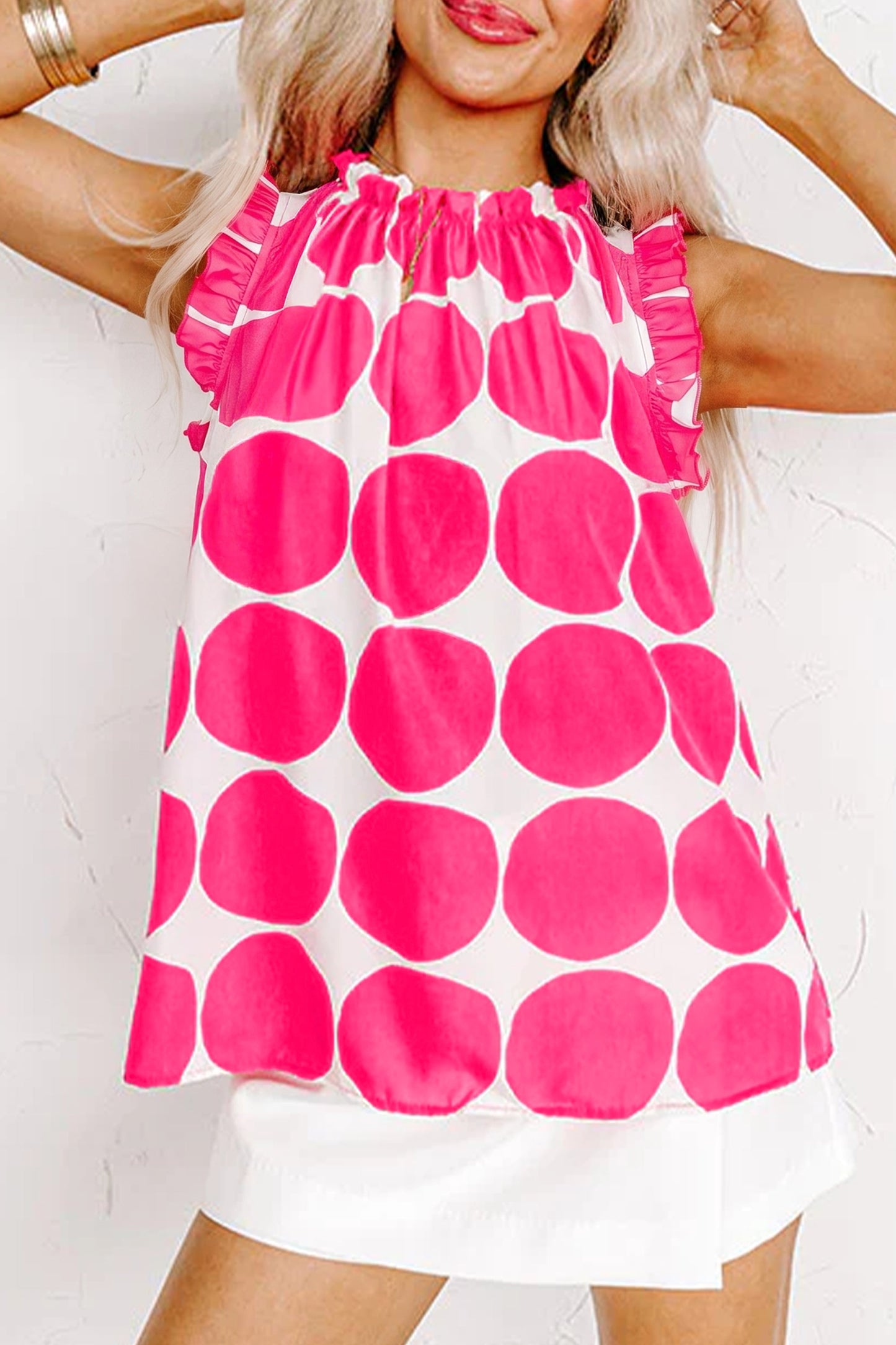 Polka Dot Frilled Round Neck Tank Top