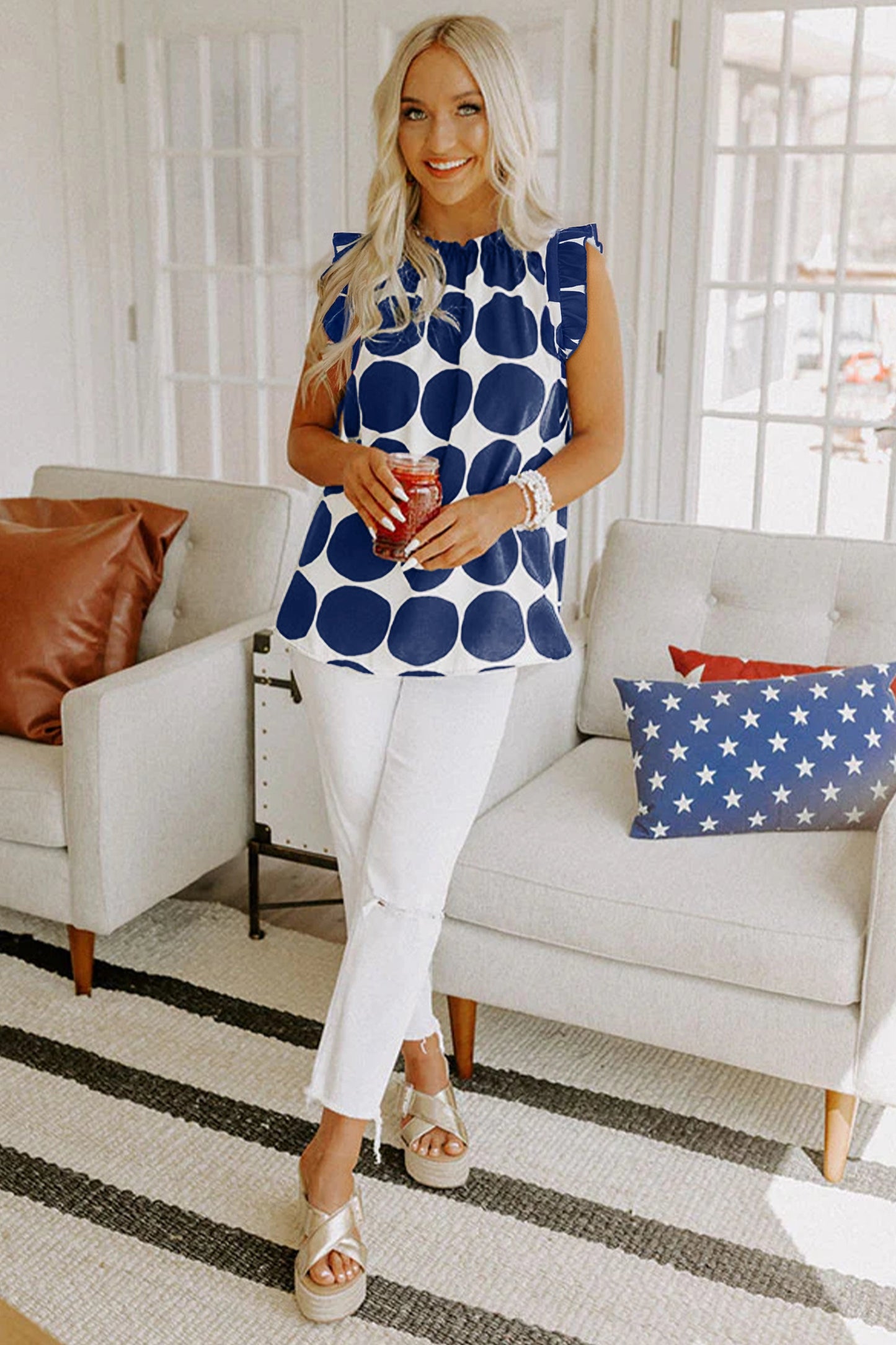 Polka Dot Frilled Round Neck Tank Top