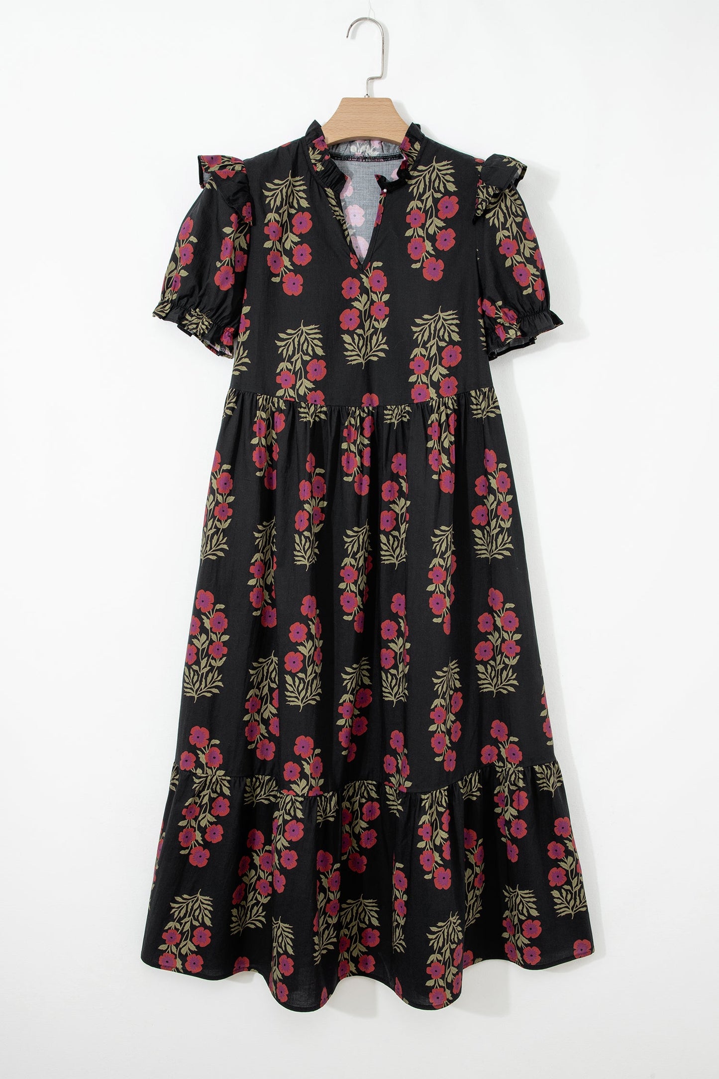 Floral Bubble Sleeve Tiered Maxi Dress