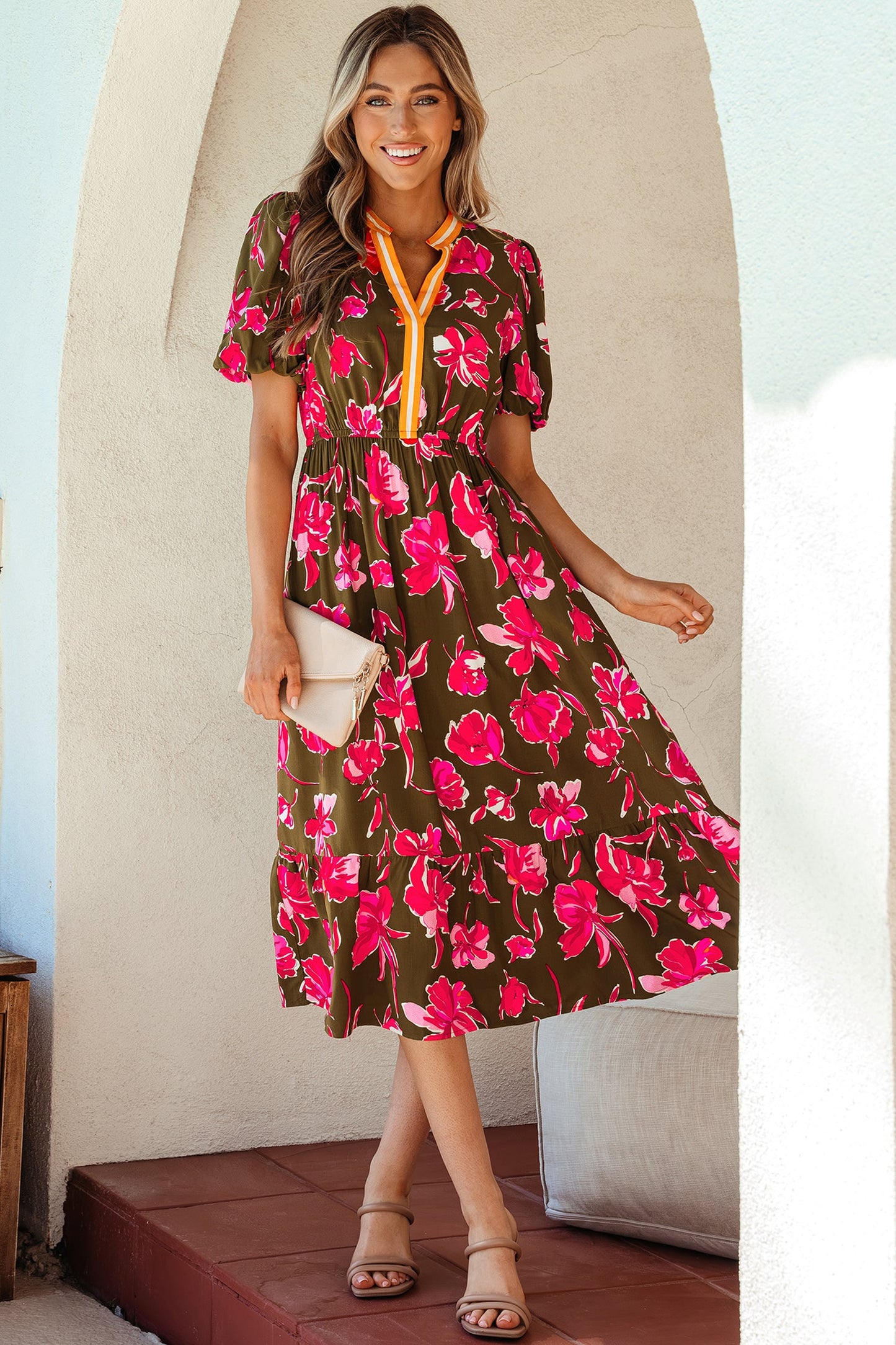Floral Stripe Trim Short Puff Sleeve Maxi Dress