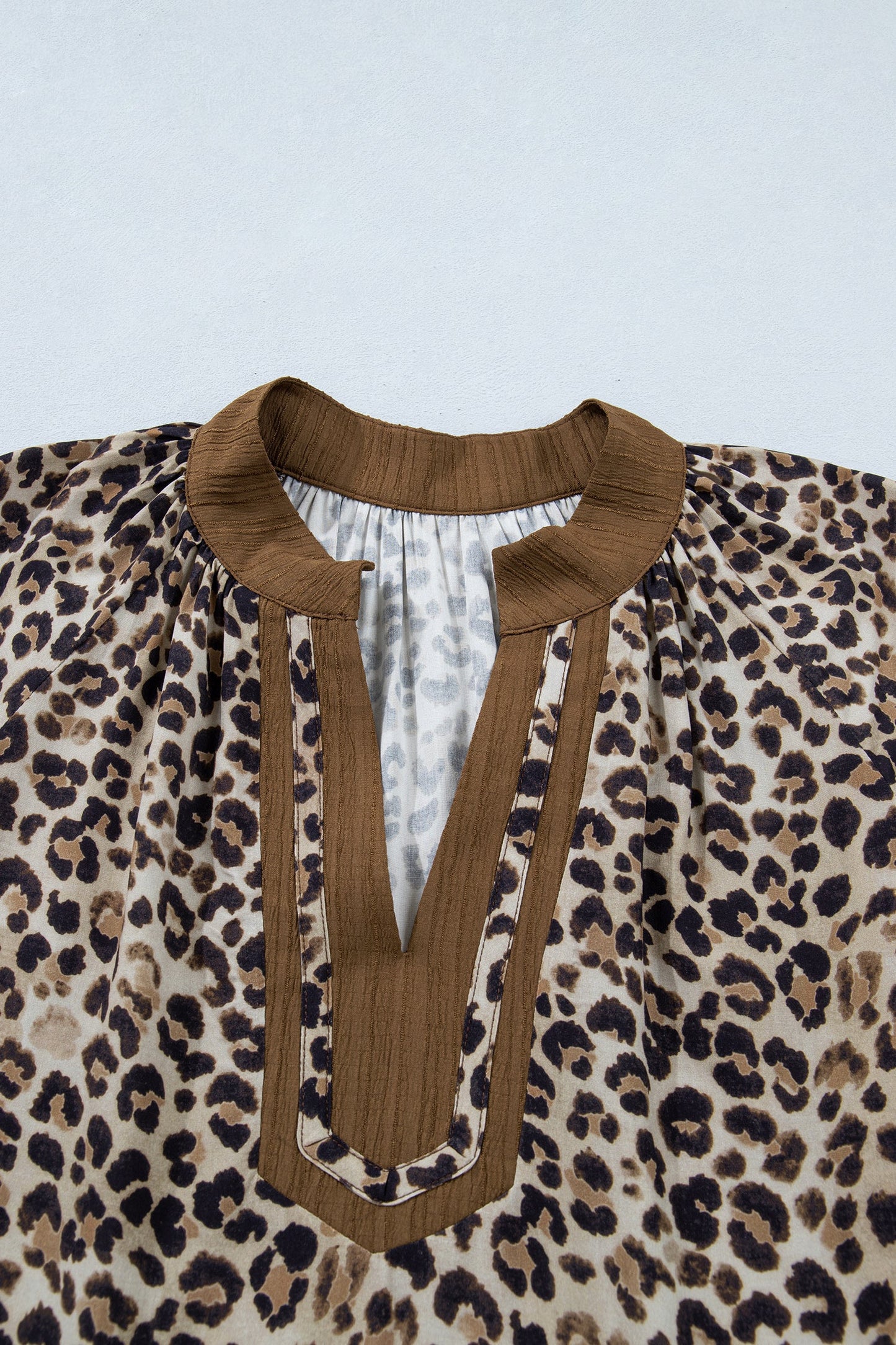 Plus Size Leopard Patchwork Crinkled V-Neck Blouse