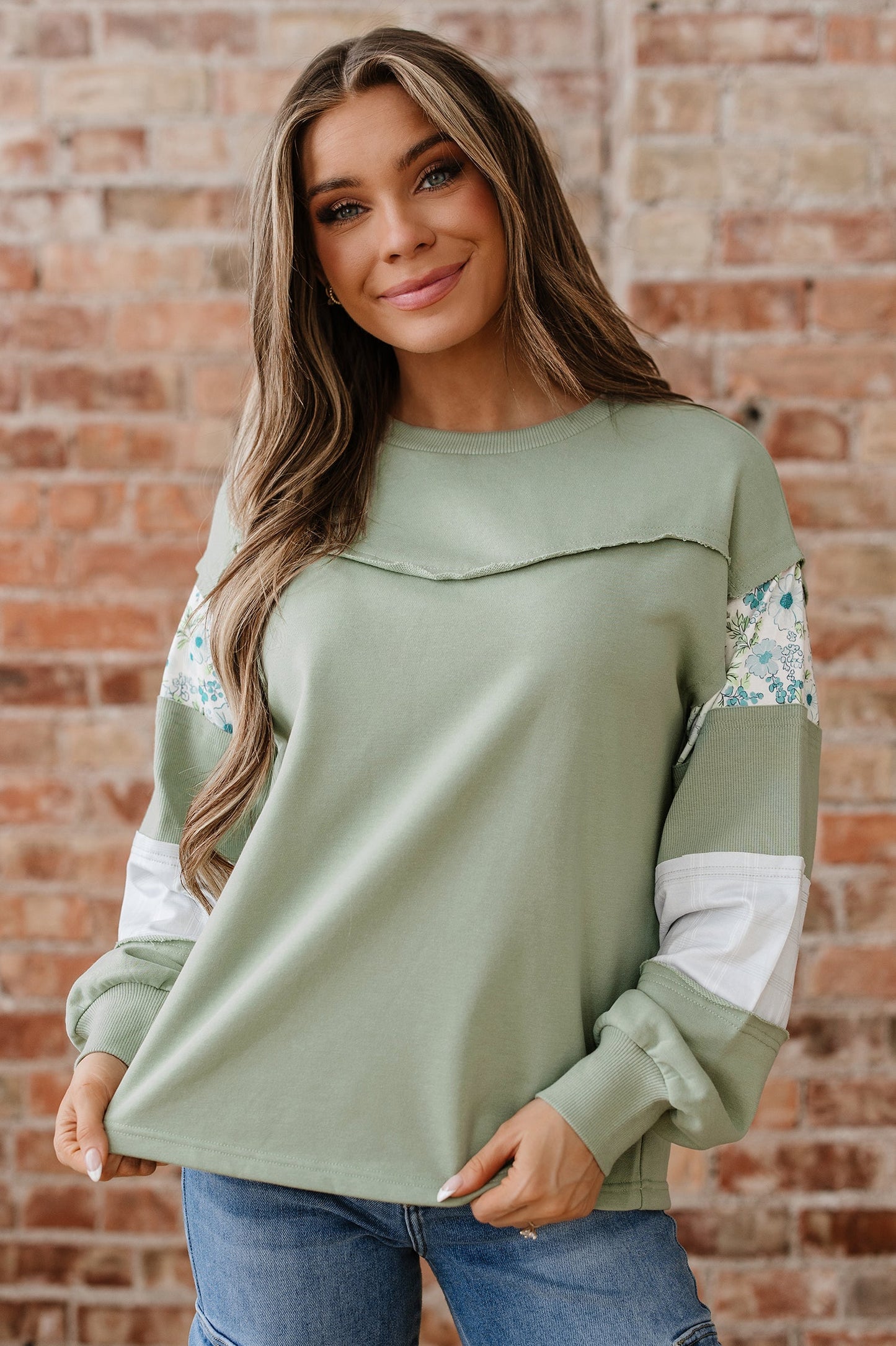 Floral Plaid Patchwork Sleeve French Terry Top