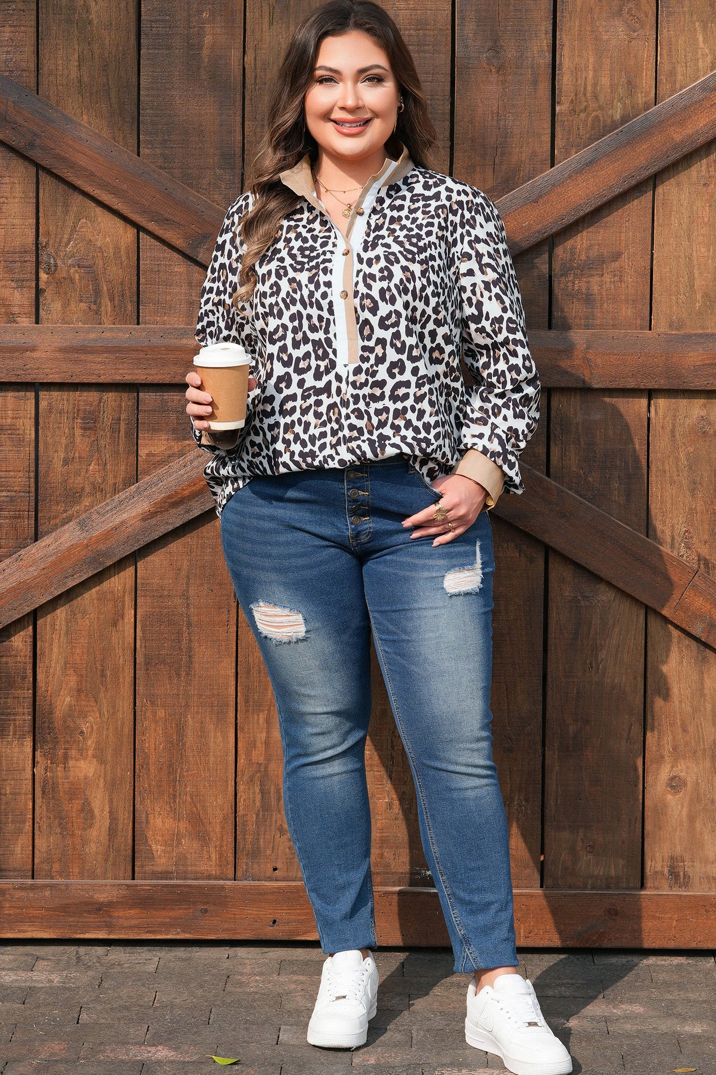Plus Size Leopard Contrast Trim Half Button Top