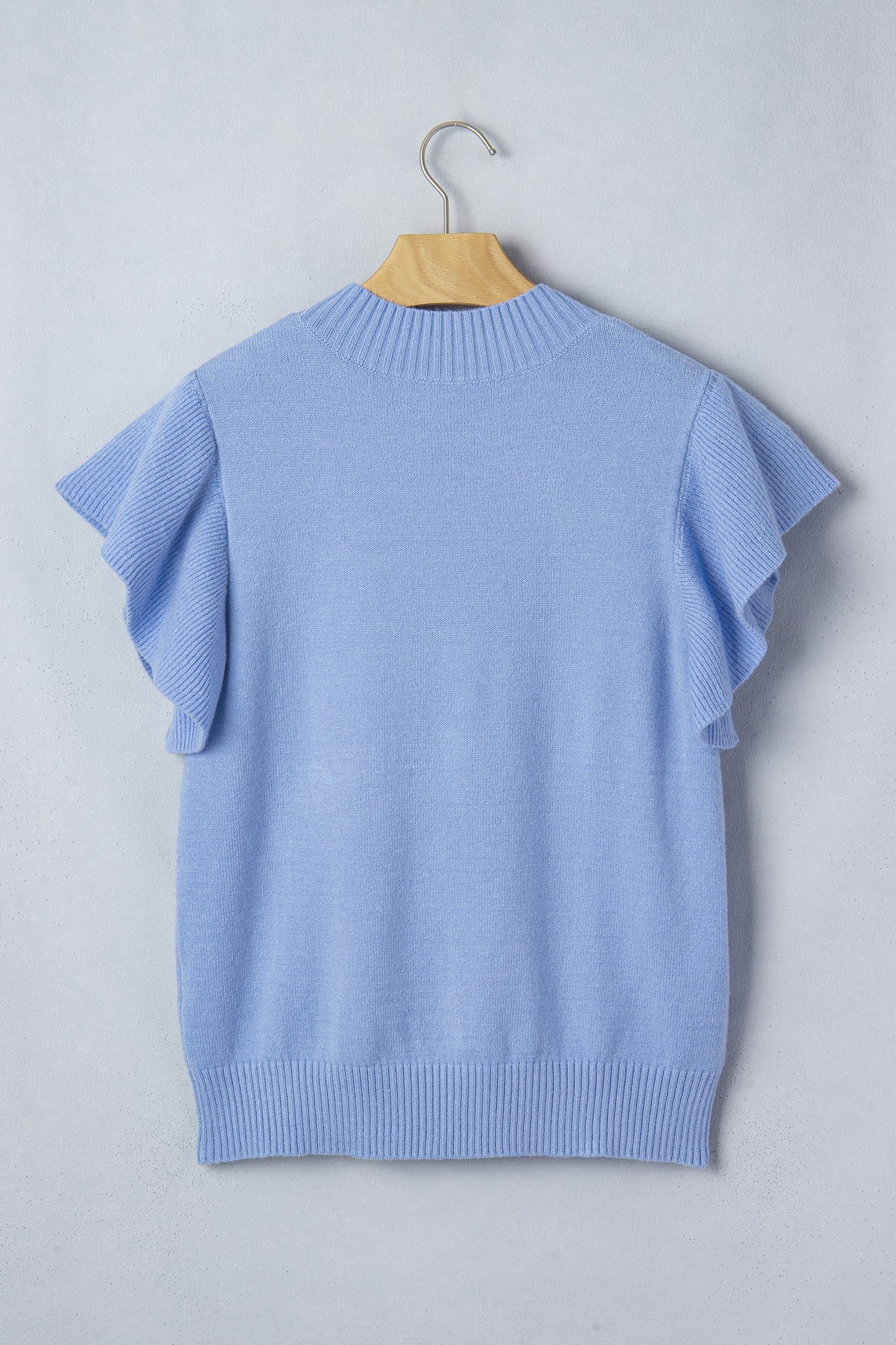 Solid Ruffle Sleeve Round Neck Ribbed Sweater