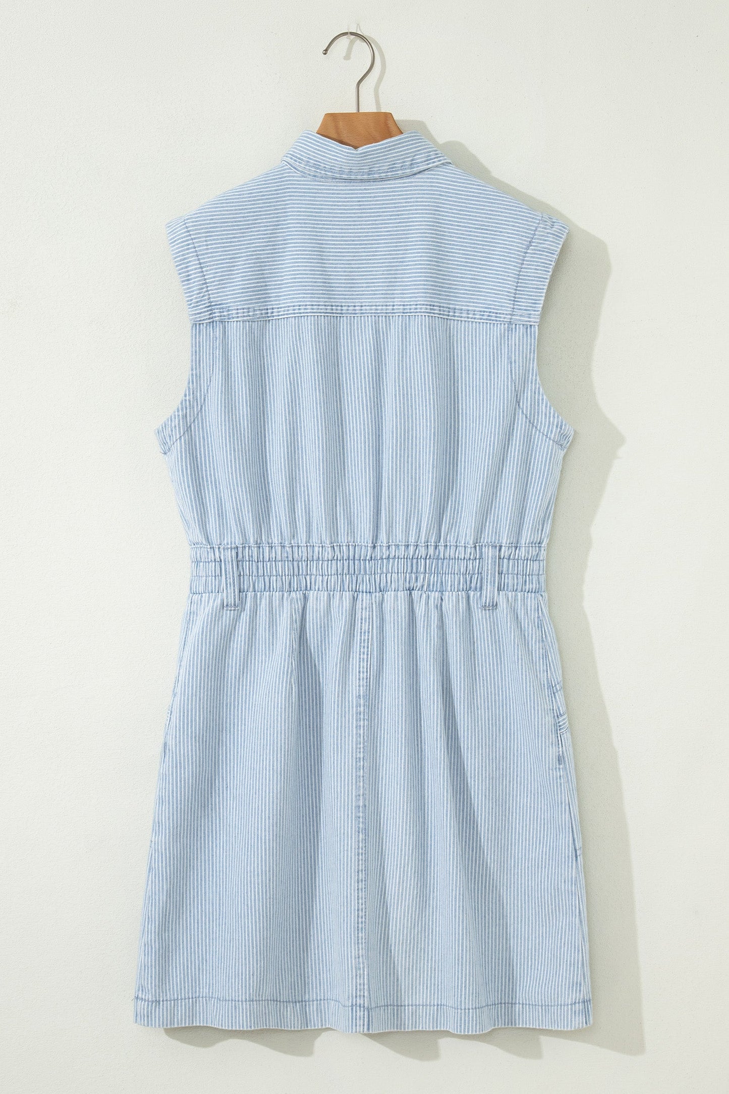 Stripe Denim Collared Button-Front Sleeveless Dress