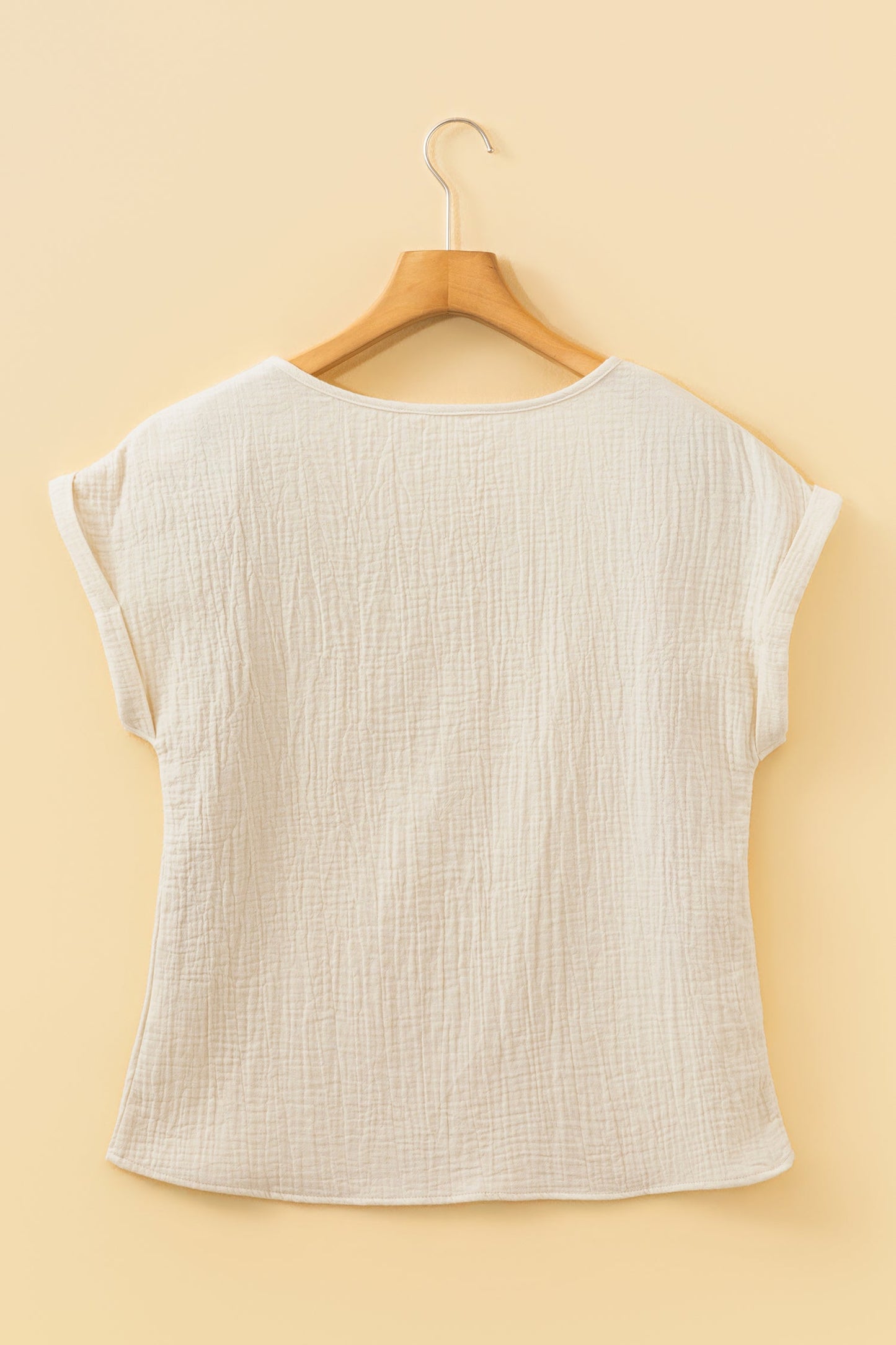 Crochet Insert Crinkle Gauze Short Sleeve Blouse