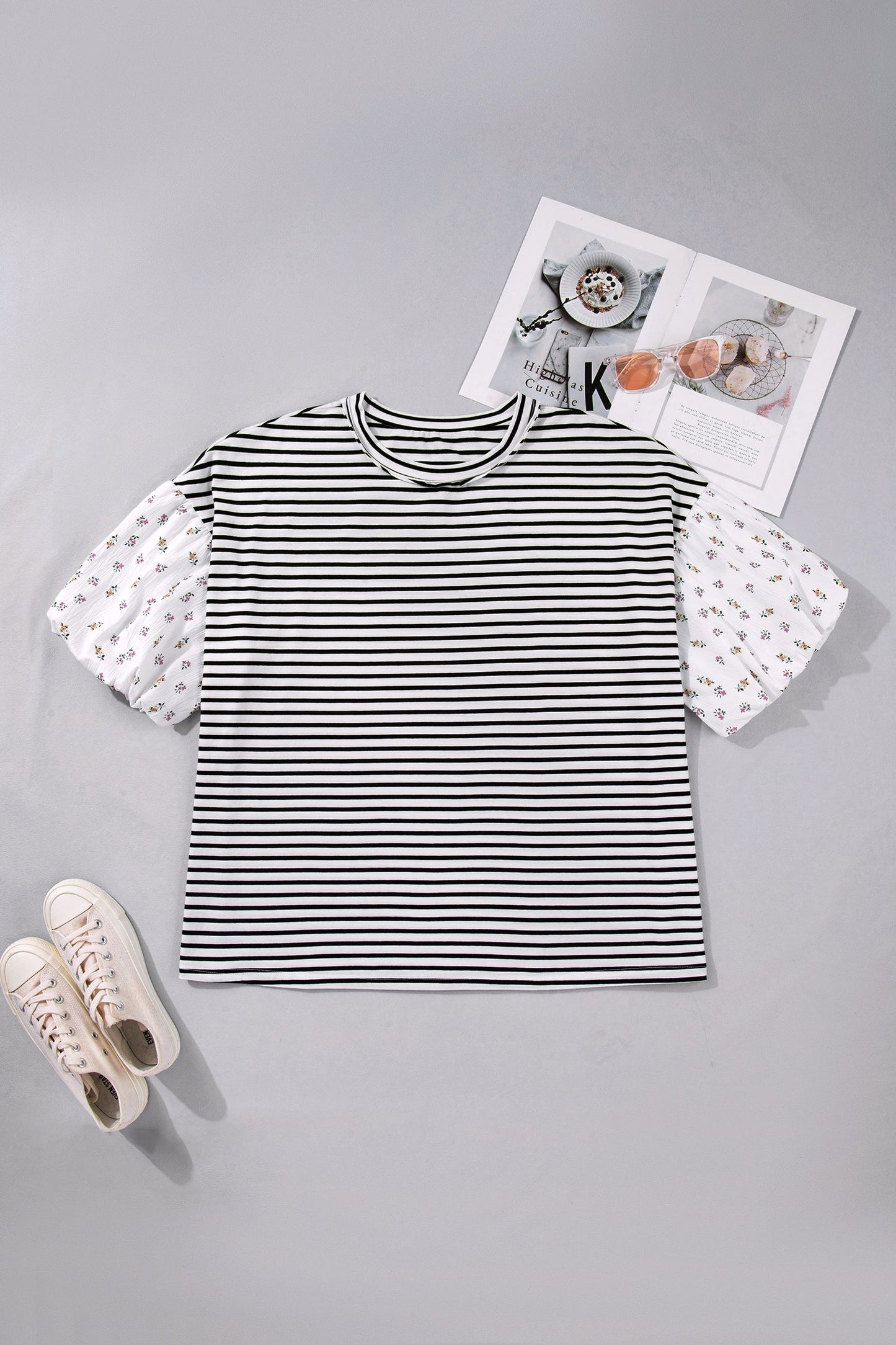 Plus Size Stripe Floral Patchwork Puff Sleeve Top