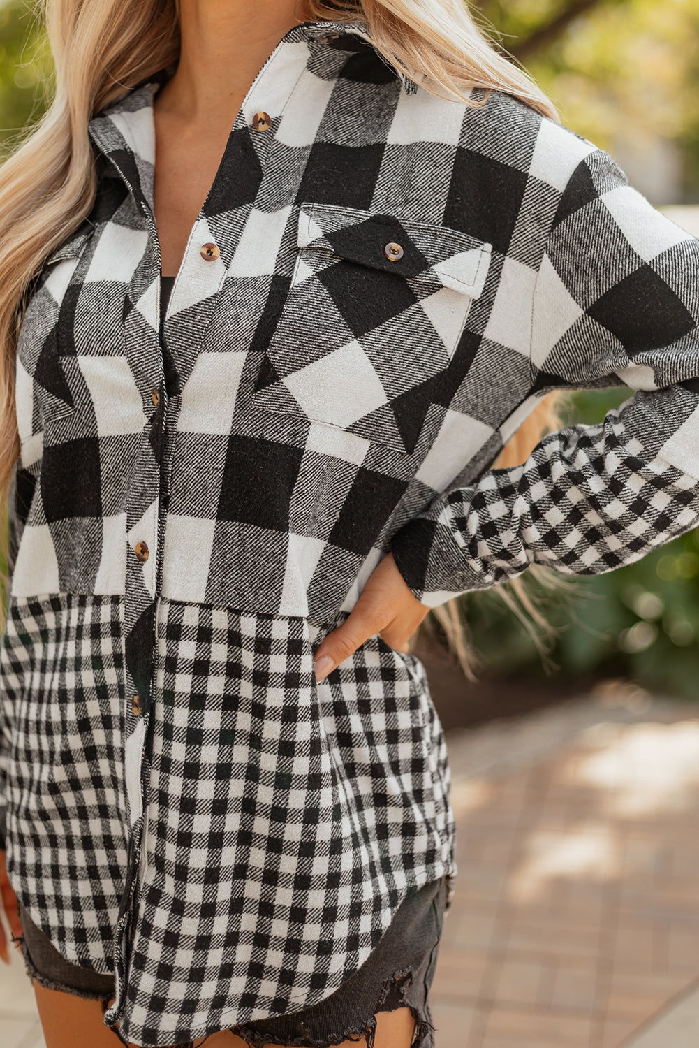 Cecelia Patchwork Drawstring Hooded Shacket