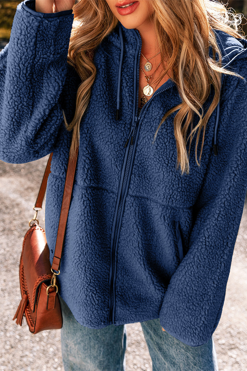 Solid Fleece Zip-Up Drawstring Pocketed Hooded Jacket