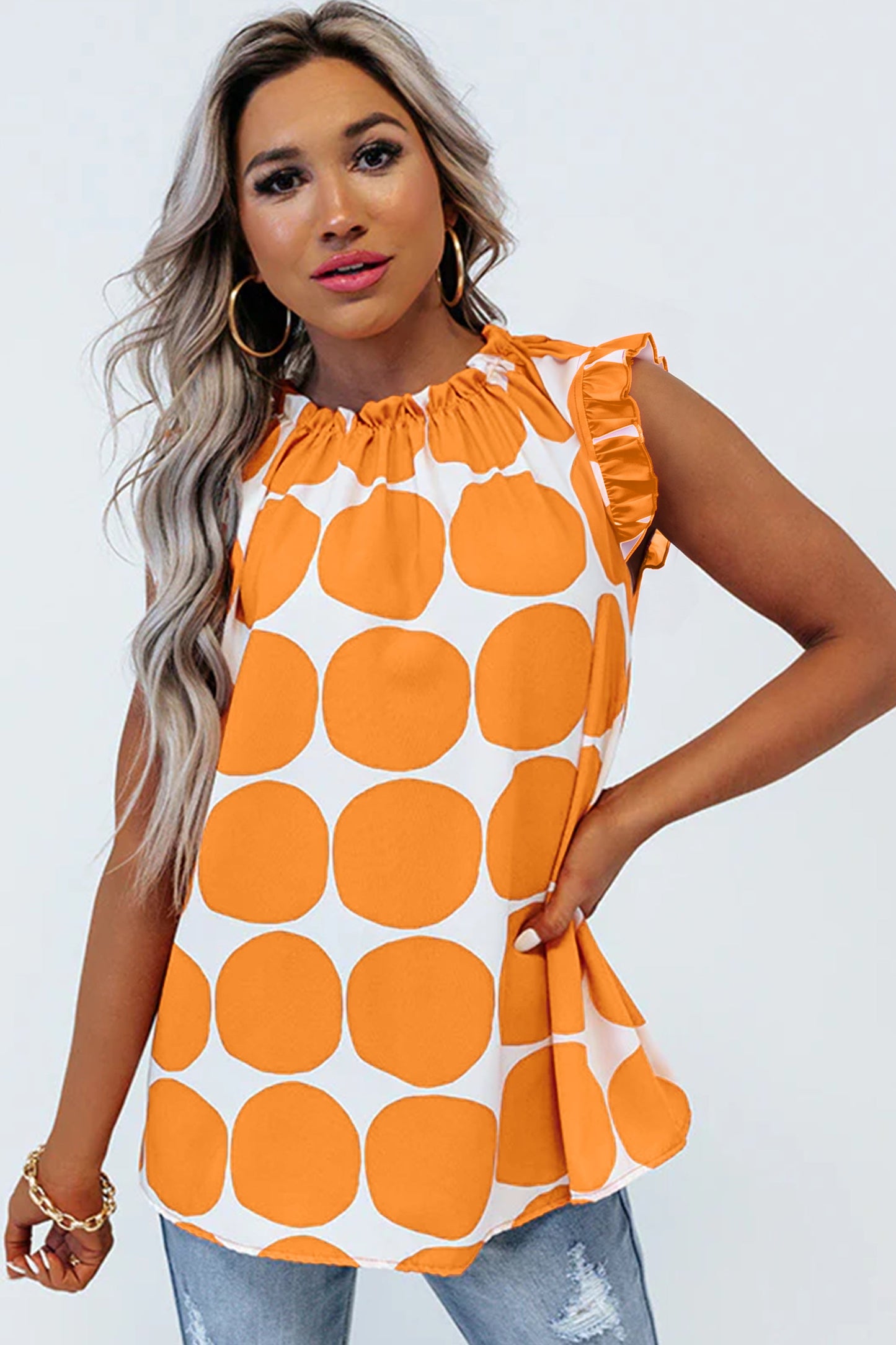 Polka Dot Frilled Round Neck Tank Top