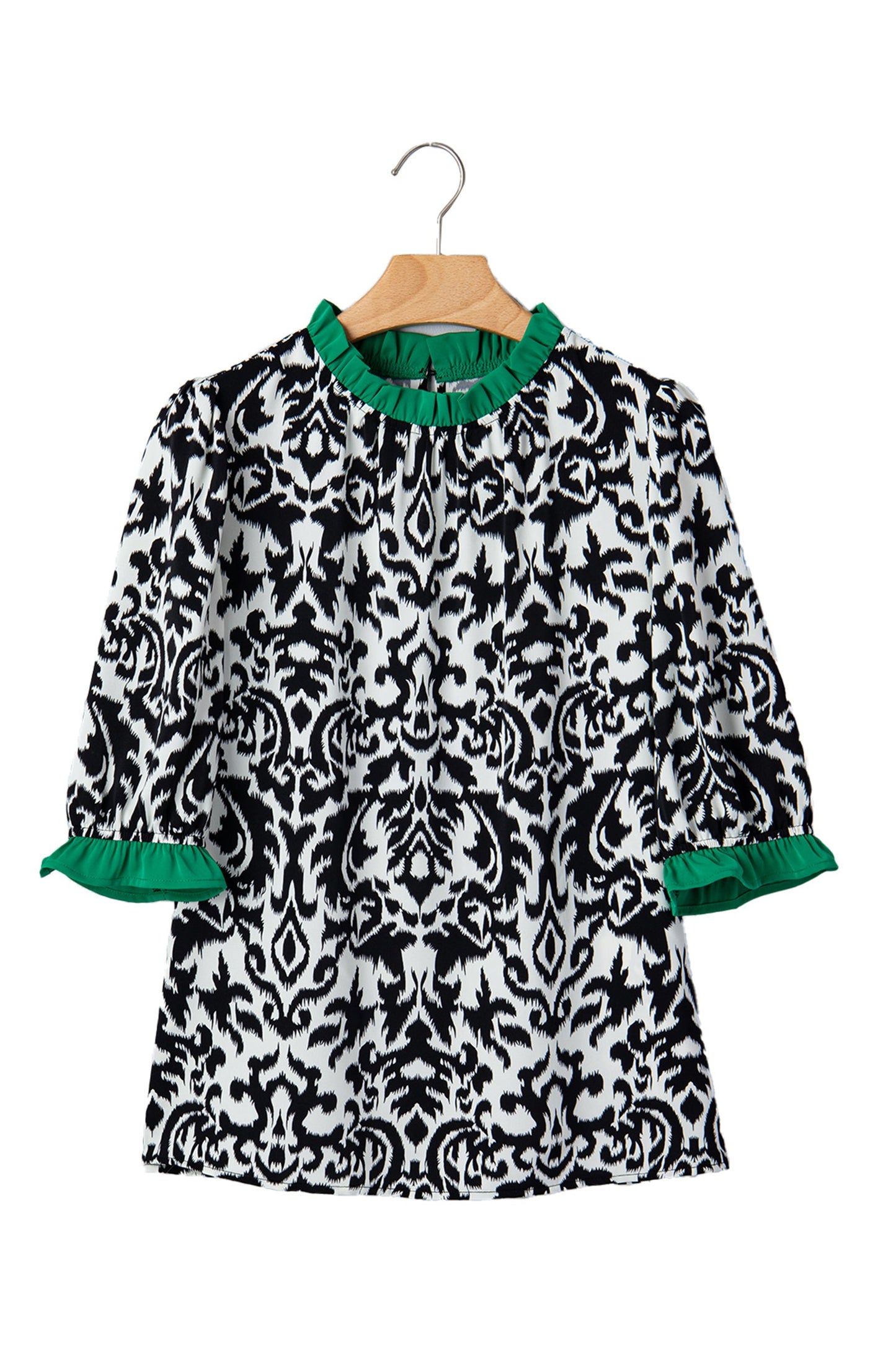 Abstract Damask Colorblock Ruffle 3/4 Sleeve Blouse