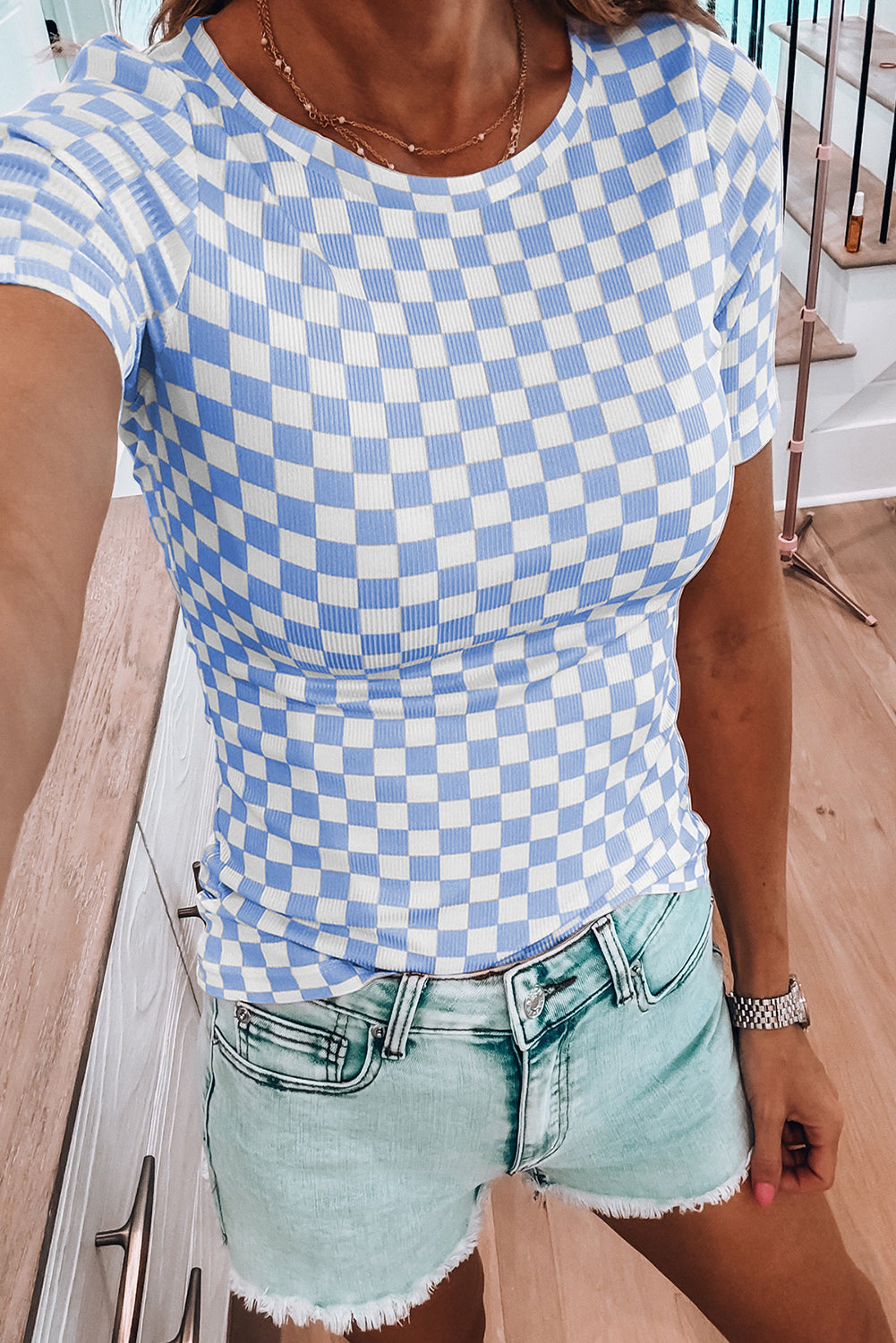 Checker Ribbed Short Sleeve Crew Neck T-Shirt