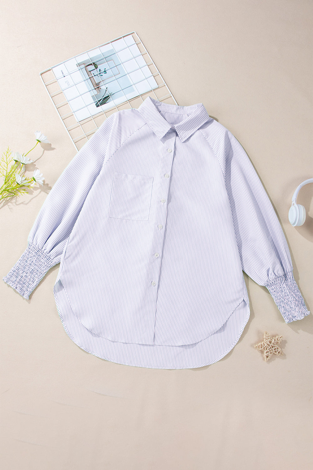 Stripe Shirred Cuff Button-Up Shirt