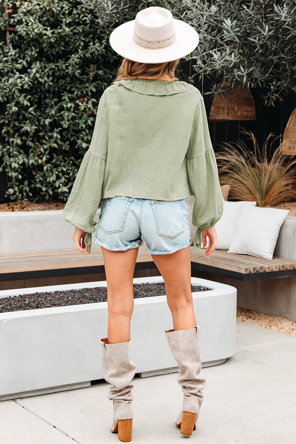 Natalia Bow Tie Front Ruffle Trim Long Sleeve Gauze Blouse