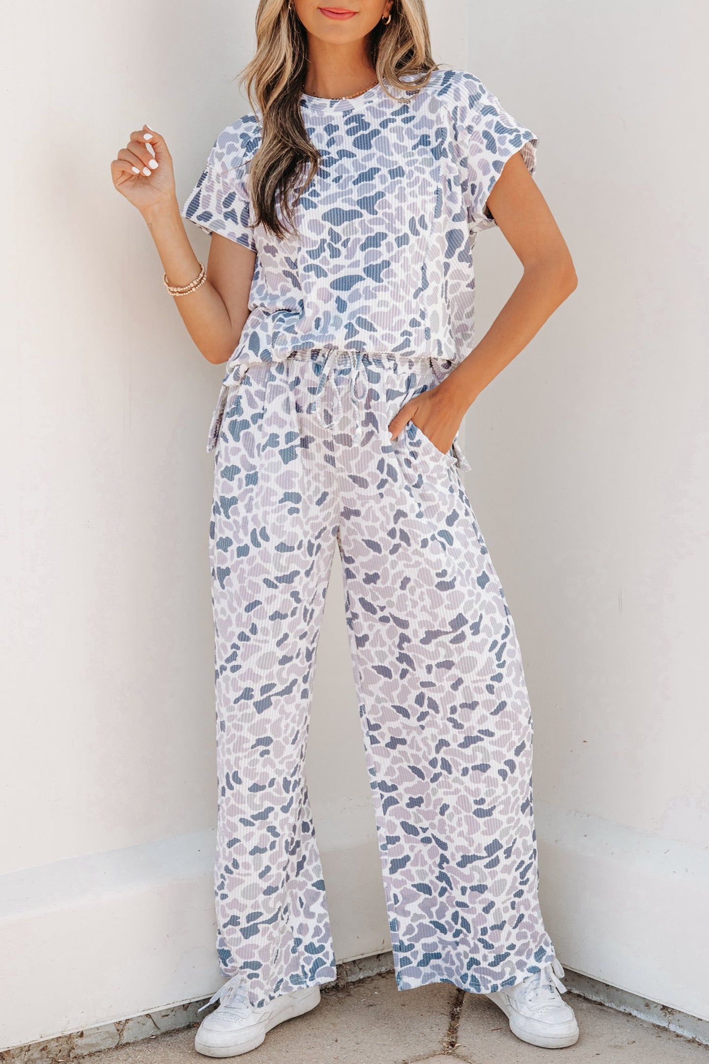 Camo Corded Knit Tee & Drawstring Pants Set