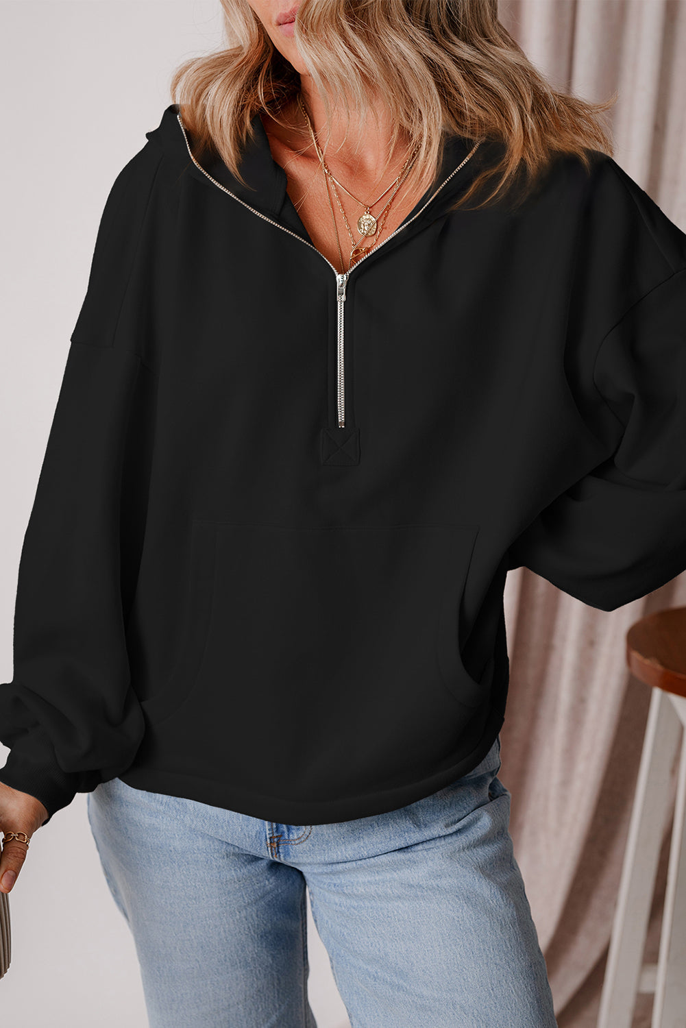 Kate Fleece Lined Half Zipper Kangaroo Pockets Loose Hoodie