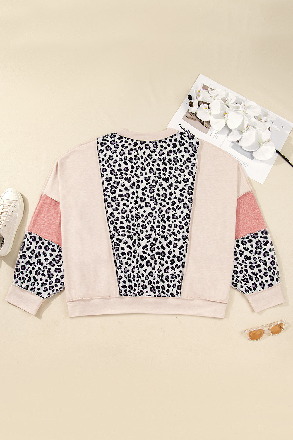 Plus Size Leopard Colorblock Patchwork Reverse Stitch Top
