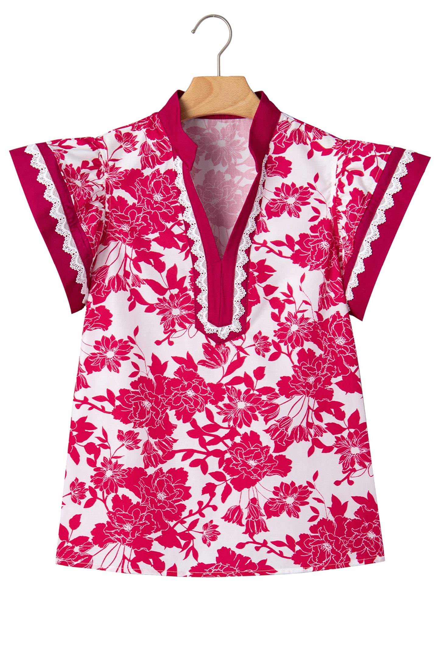 Floral Colorblock Lace V-Neck Flutter Sleeve Blouse