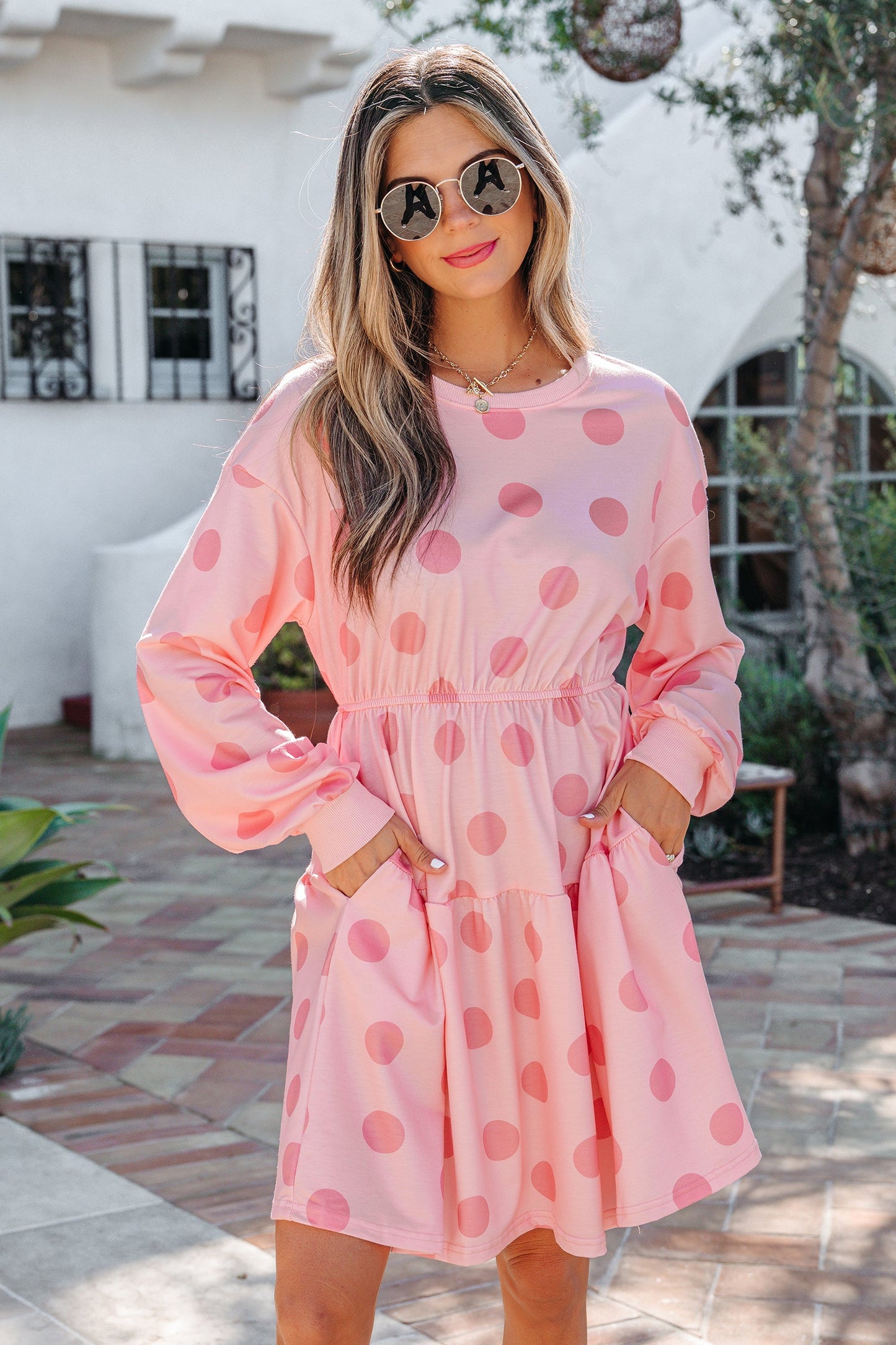 Polka Dot Long Sleeve Flared Mini Dress