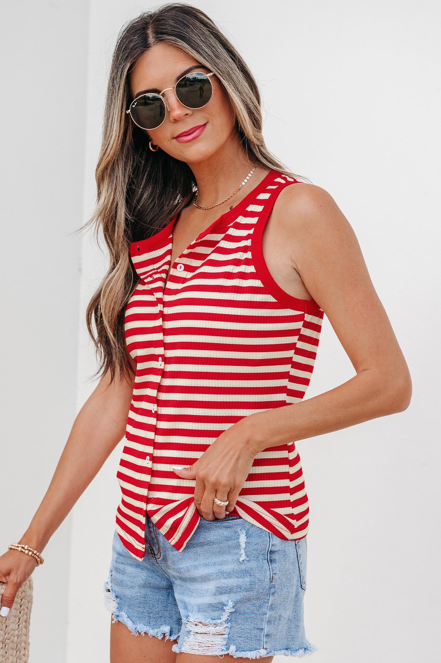 Stripe Ribbed Knit Buttoned Tank Top