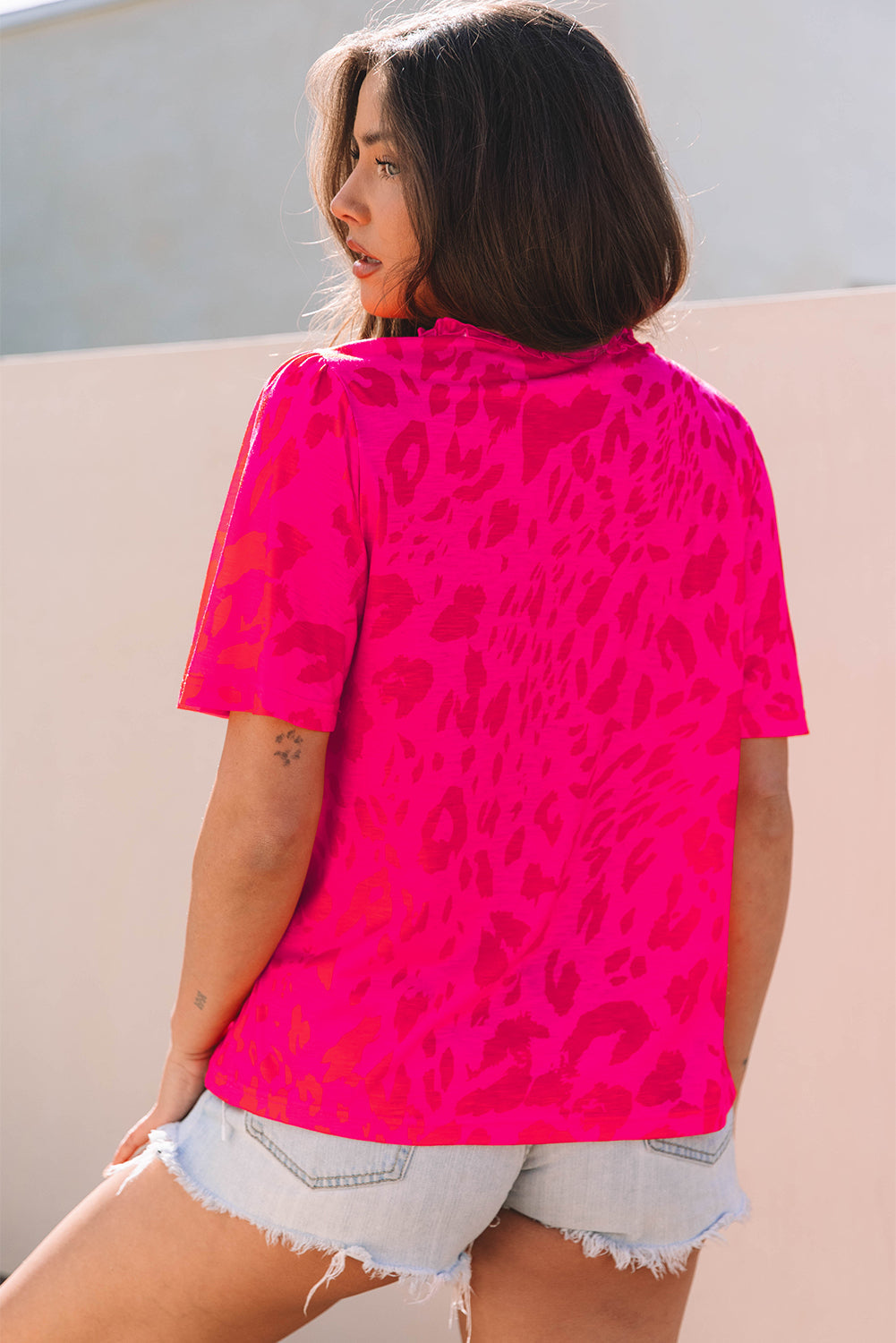 Laurel Leopard Frilly V Neck Short Sleeve Blouse