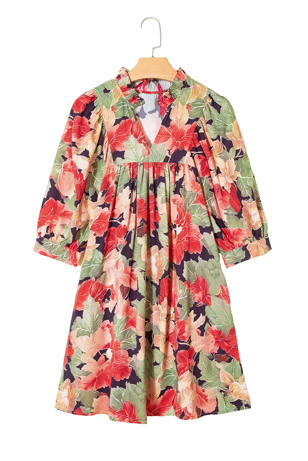 Floral Frilled Collar V-Neck 3/4 Sleeve Dress