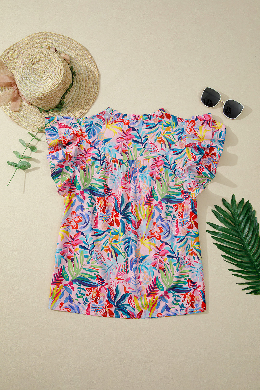 Floral Frilled Notch Neck Ruffle Sleeve Blouse