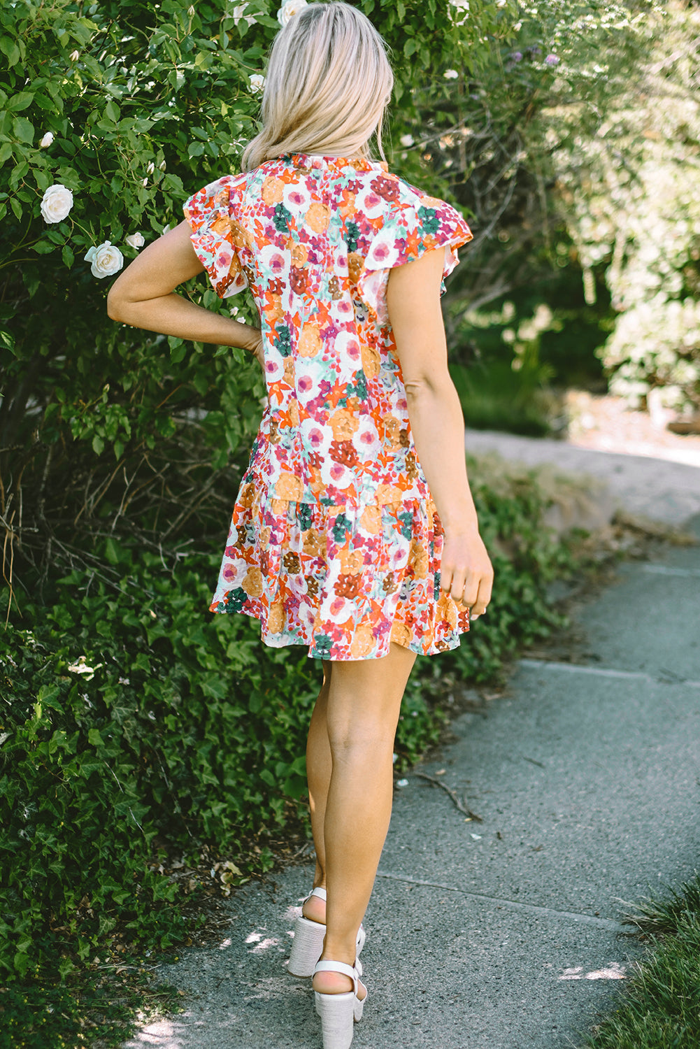 August Floral Print Split Neck Flutter Sleeve Dress