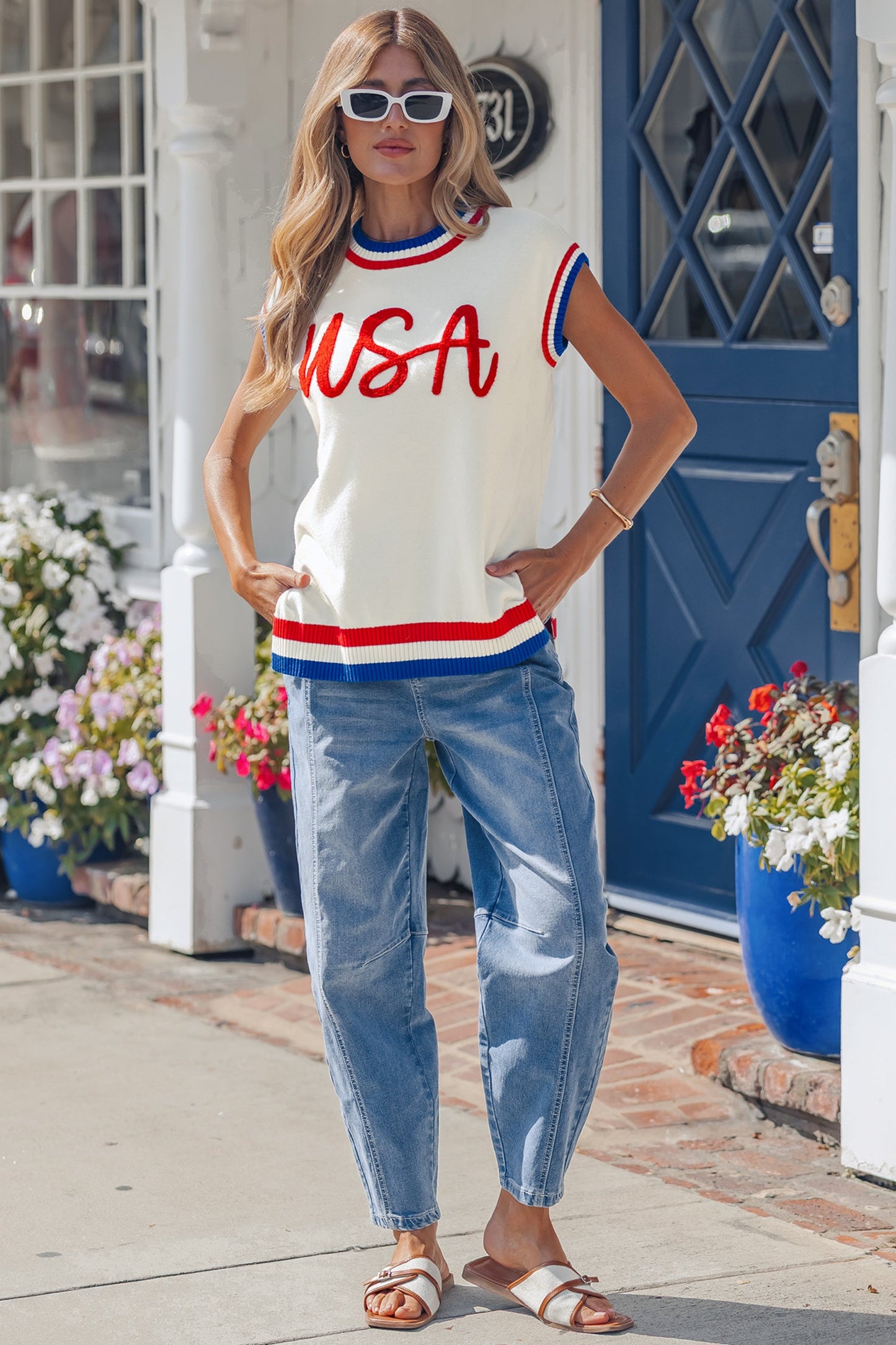 USA Stripe Contrast Trim Short Sleeve Sweater
