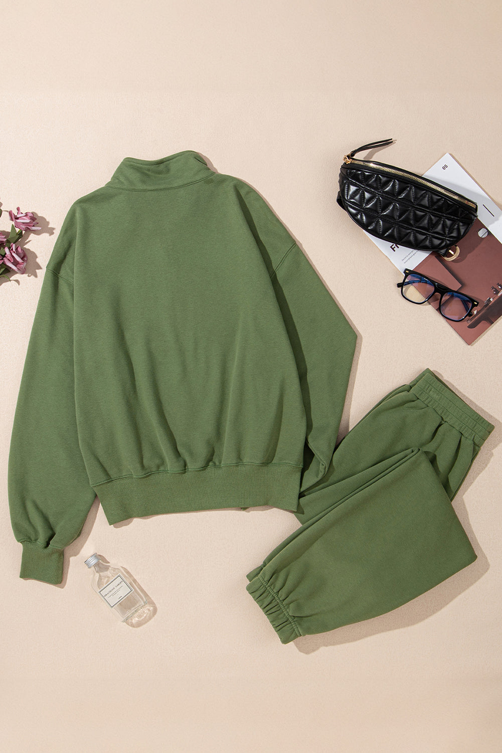 Solid Half Zip Pullover Top and Joggers Set